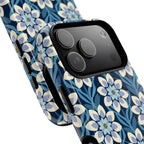 Modern Dahlia MagSafe iPhone 17 Pro Max Case – back view showing full repeat pattern and MagSafe alignment | navy, slate blue, white geometric dahlia tile floral print