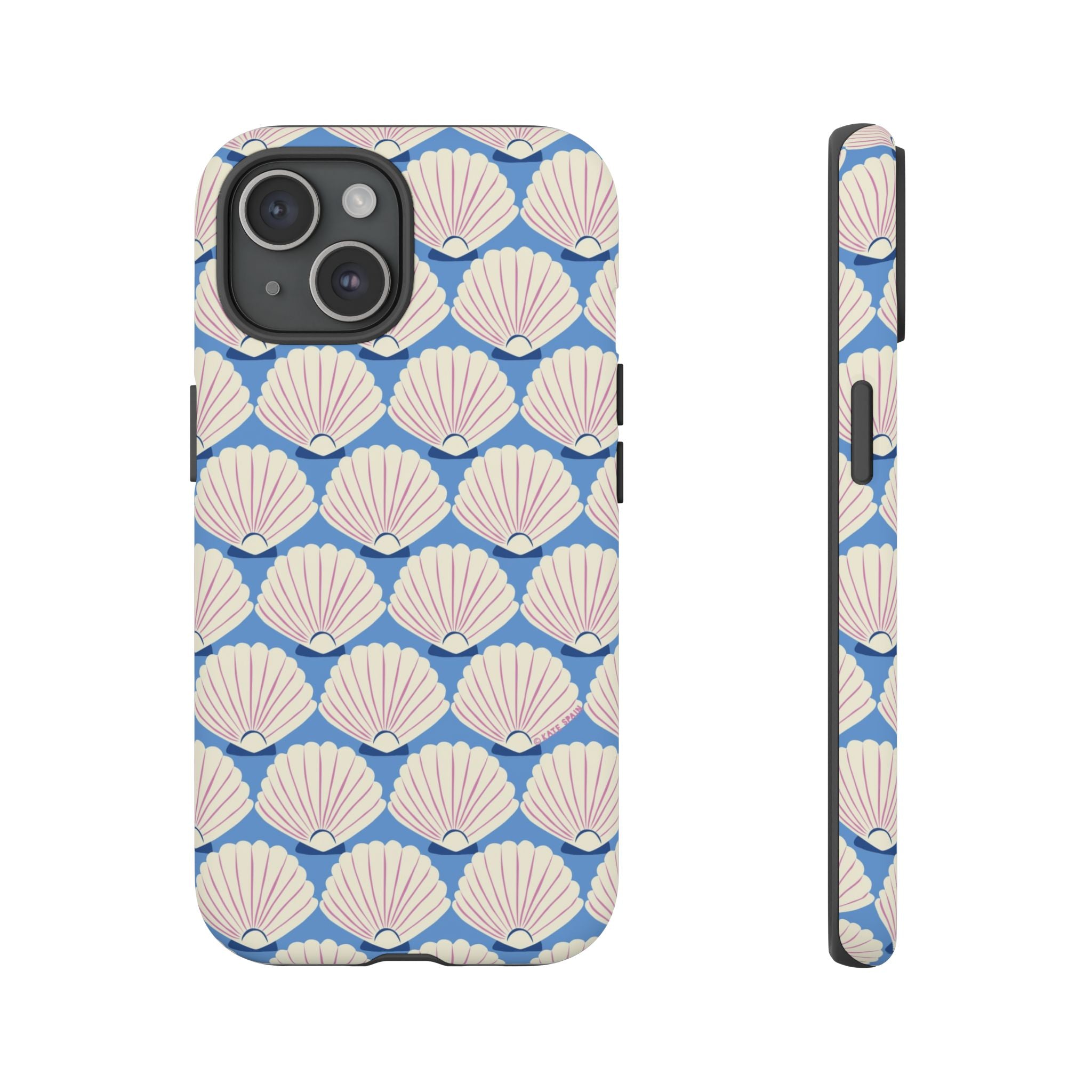 Seashells Tough iPhone 15 Case – Matte | periwinkle, cream, blush scallop shell print