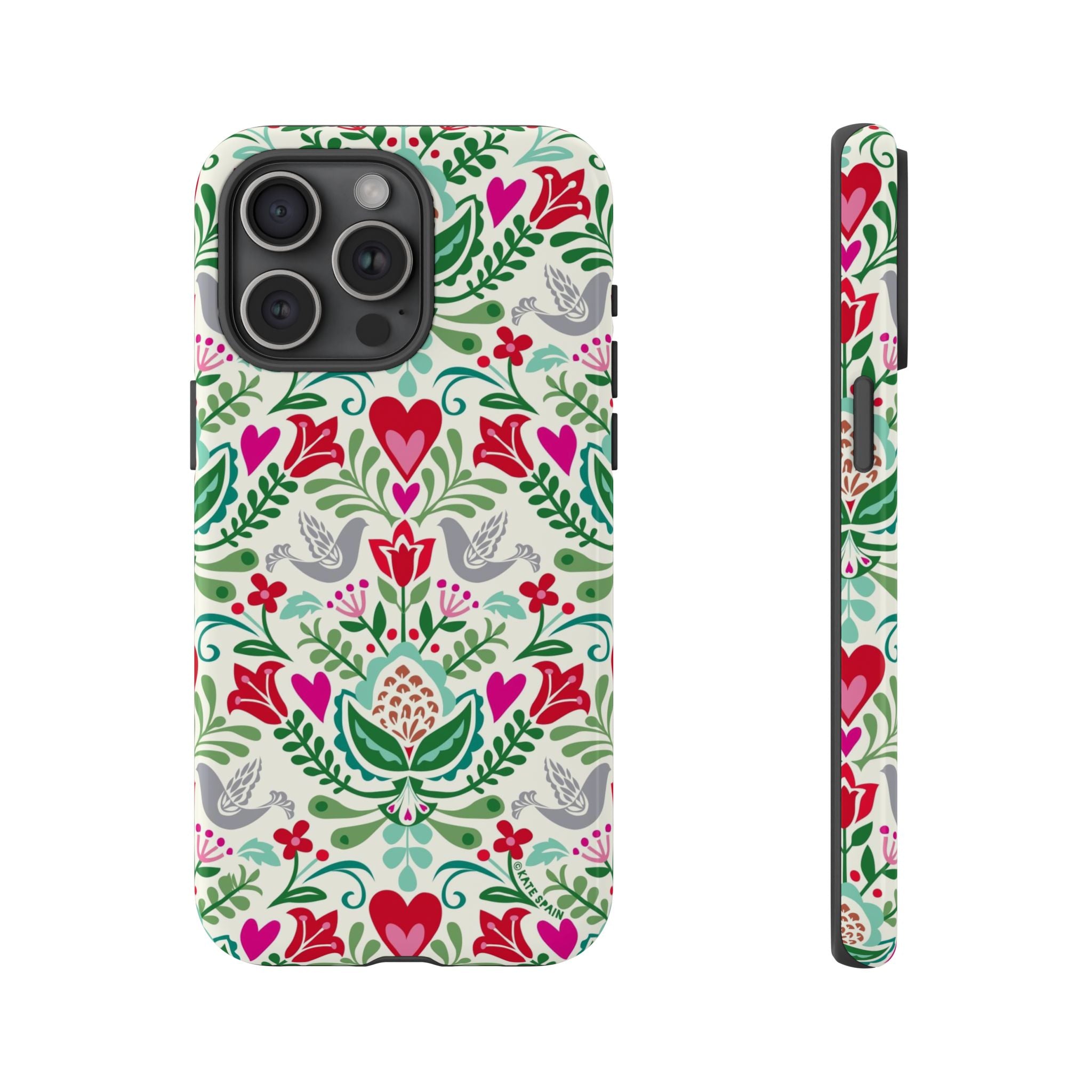 Rosemaling Tough iPhone 15 Pro Max Case – Glossy | cream, red, pink, green, gray folk art floral bird print