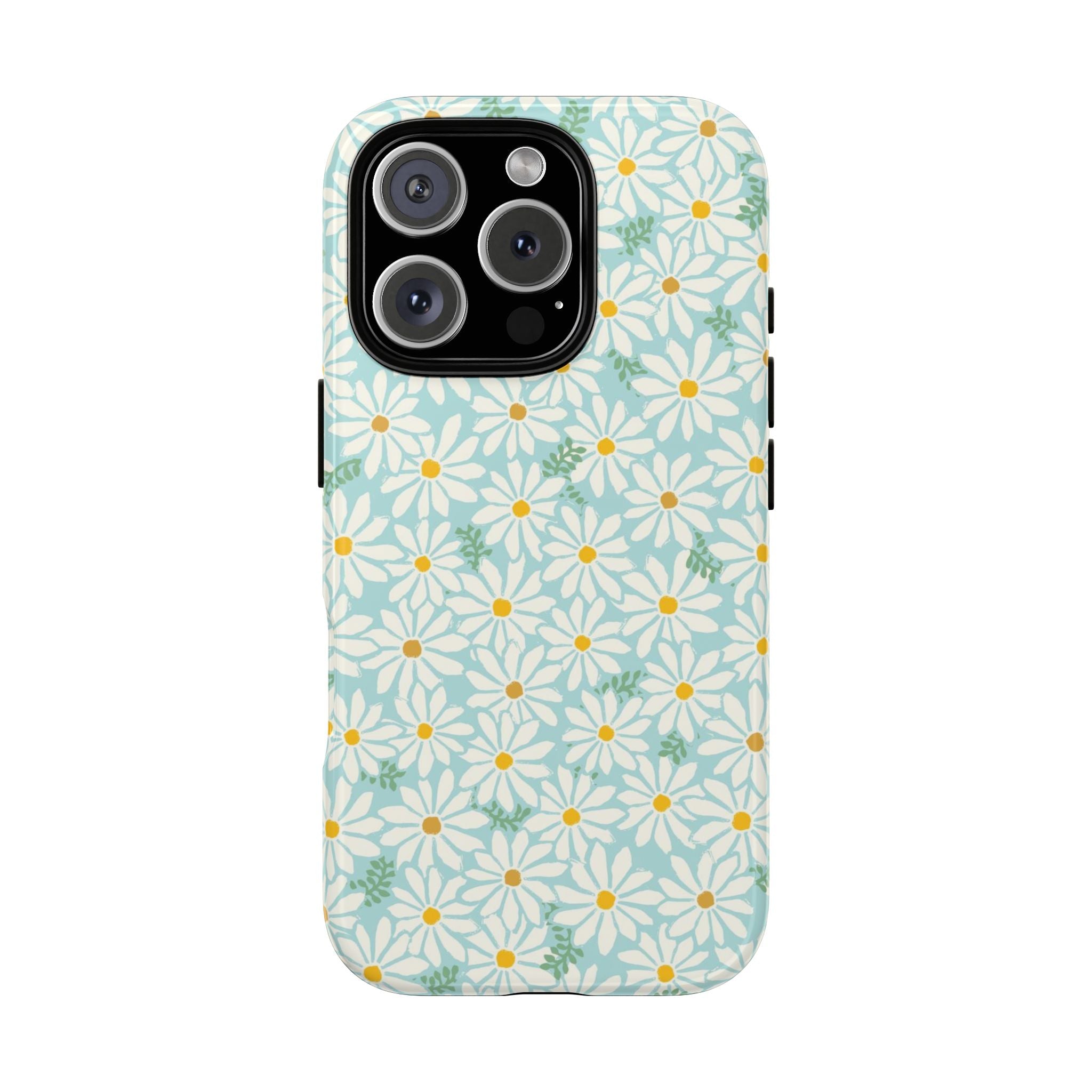 Daisies Tough iPhone 16 Pro Max Case – Glossy | sky blue, white daisy print, golden yellow centers, mint green leaves dual-layer protection