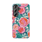 Luxury Tea Rose Teal Samsung Galaxy S25 Case – Matte | teal, coral, pink botanical rose floral print