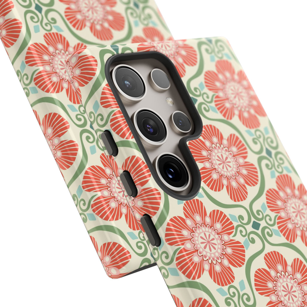 Luxury Barcelona Flowers Samsung Galaxy S24 Ultra Case – Glossy | close-up of 5 camera lenses and case in cream, coral, sage botanical floral print