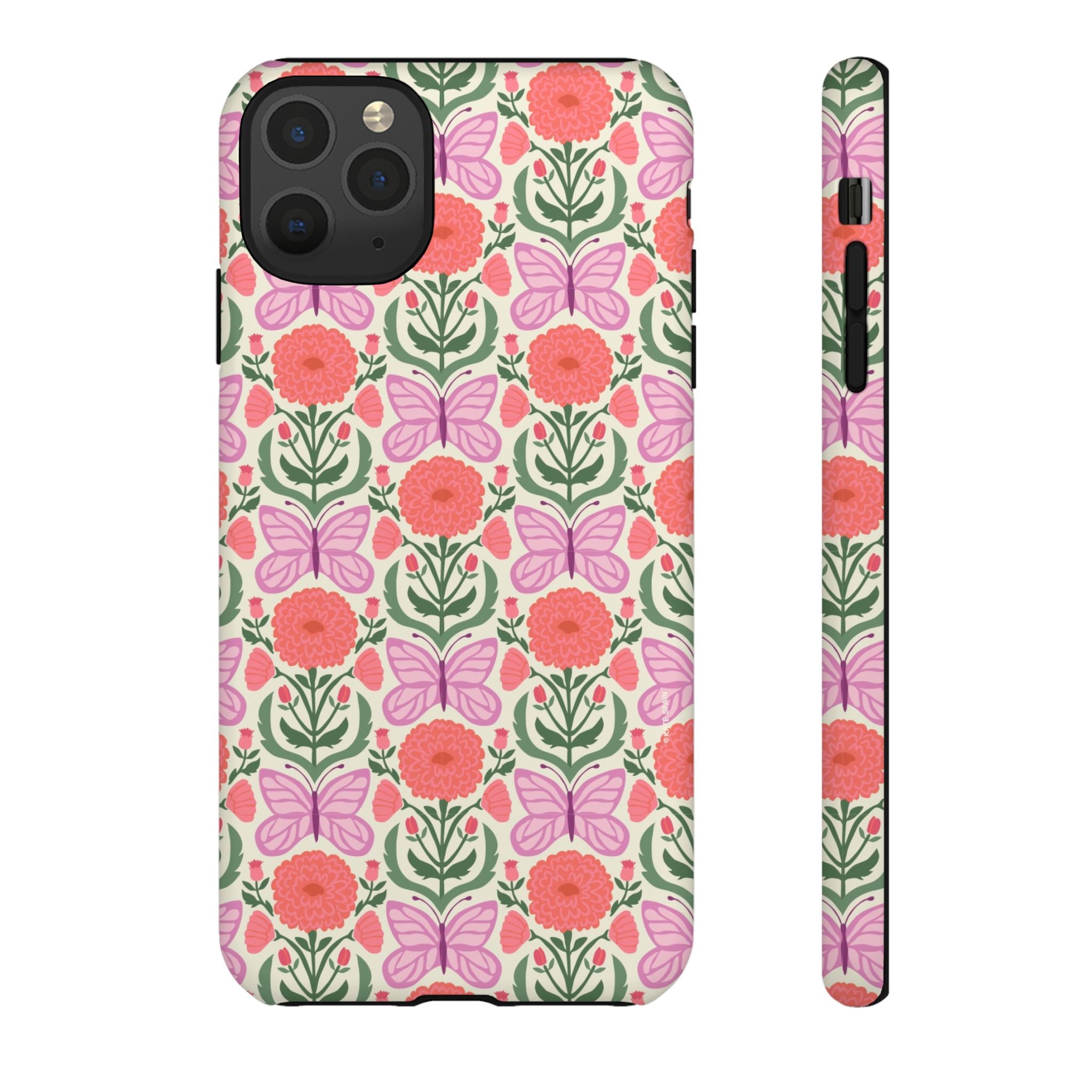 Pink Butterfly Tough iPhone 11 Pro Max Case – Matte | pink, coral, green, cream butterfly floral print