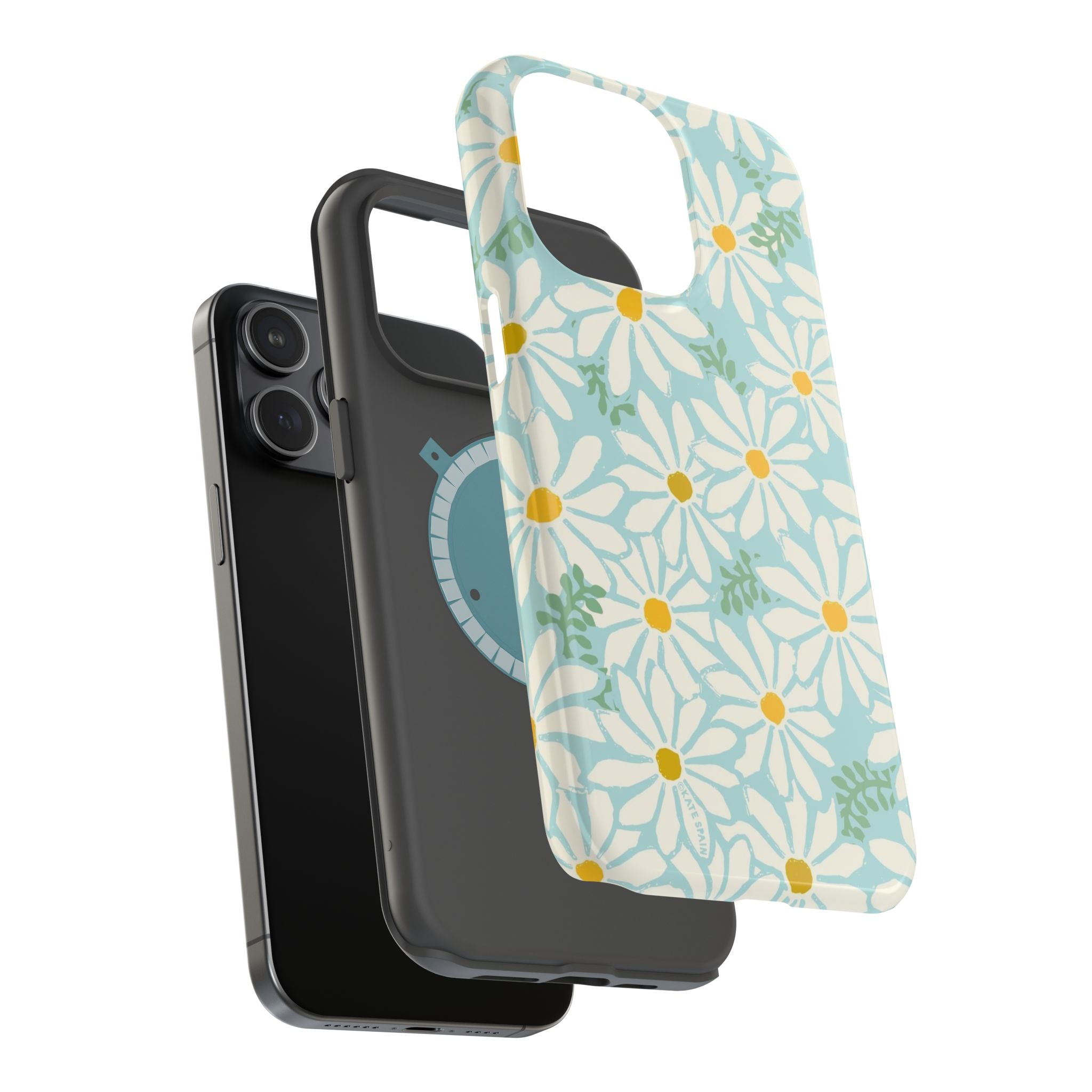 Daisies MagSafe iPhone Case – exploded side view showing dual-layer construction and MagSafe magnet array