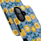 Sunflowers MagSafe iPhone 17 Case – Glossy | blue, yellow, gold geometric sunflower print | angled view closeup of camera cutout and buttons