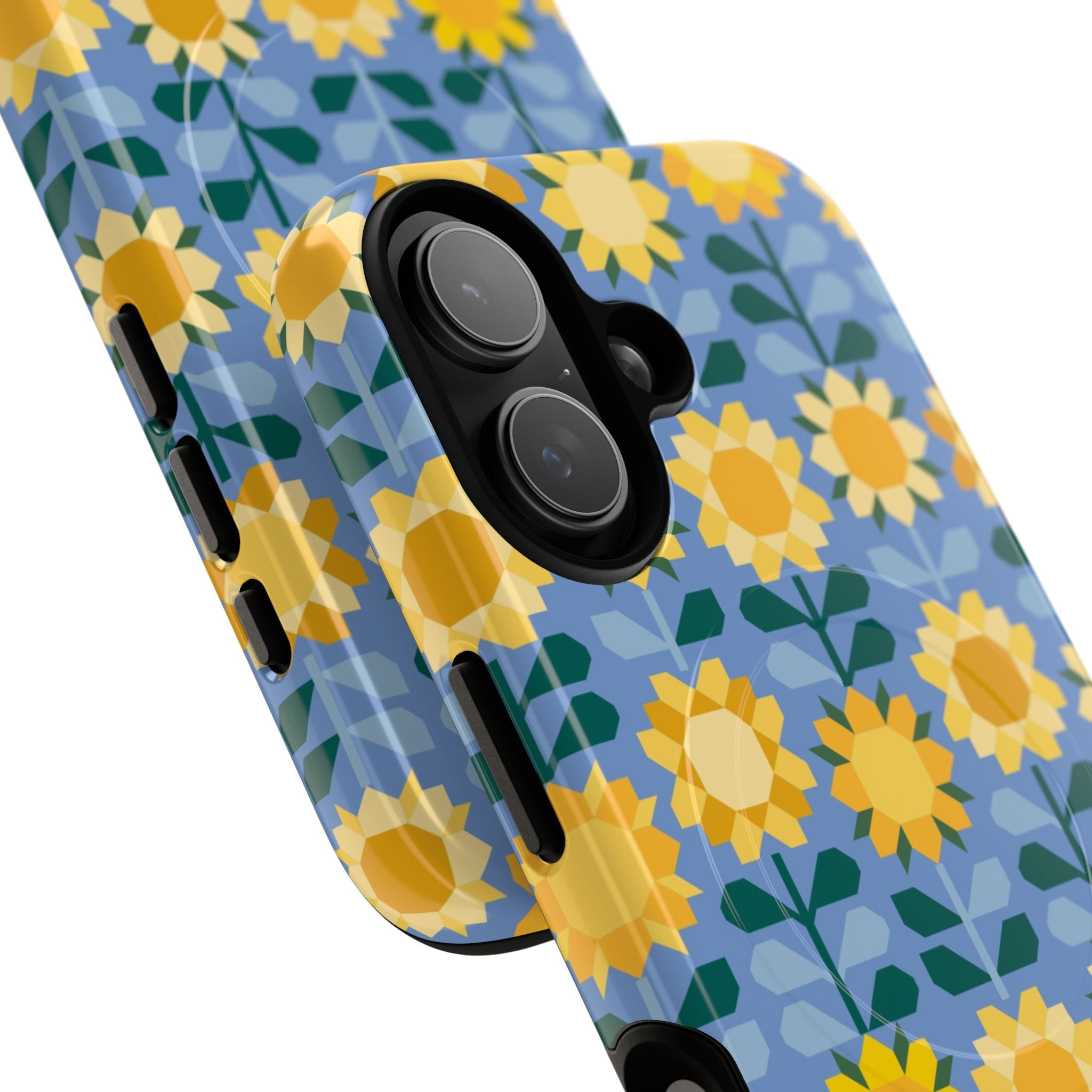 Sunflowers MagSafe iPhone 17 Case – Glossy | blue, yellow, gold geometric sunflower print | angled view closeup of camera cutout and buttons