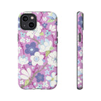 Purple Cherry Blossom Tough iPhone 14 Plus Case – Matte | mauve, purple, blue, white cherry blossom print