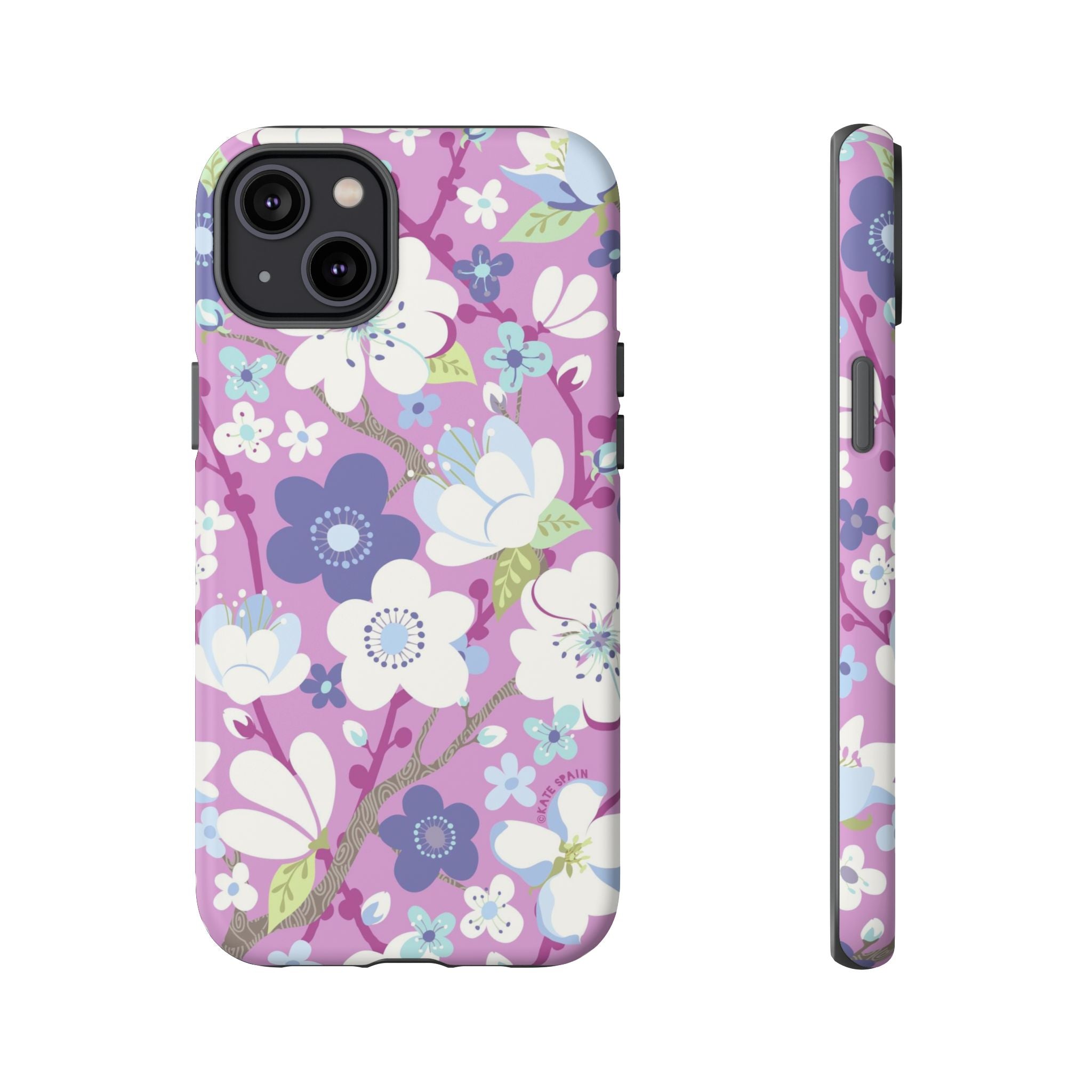 Luxury Cherry Blossom Tough iPhone 14 Plus Case – Matte | mauve, purple, blue, white cherry blossom print