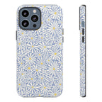 Montauk Daisy Cottage Blue iPhone 13 Pro Max Case – Matte | periwinkle blue, white graphic daisy and fern print, golden yellow centers | dual-layer protection