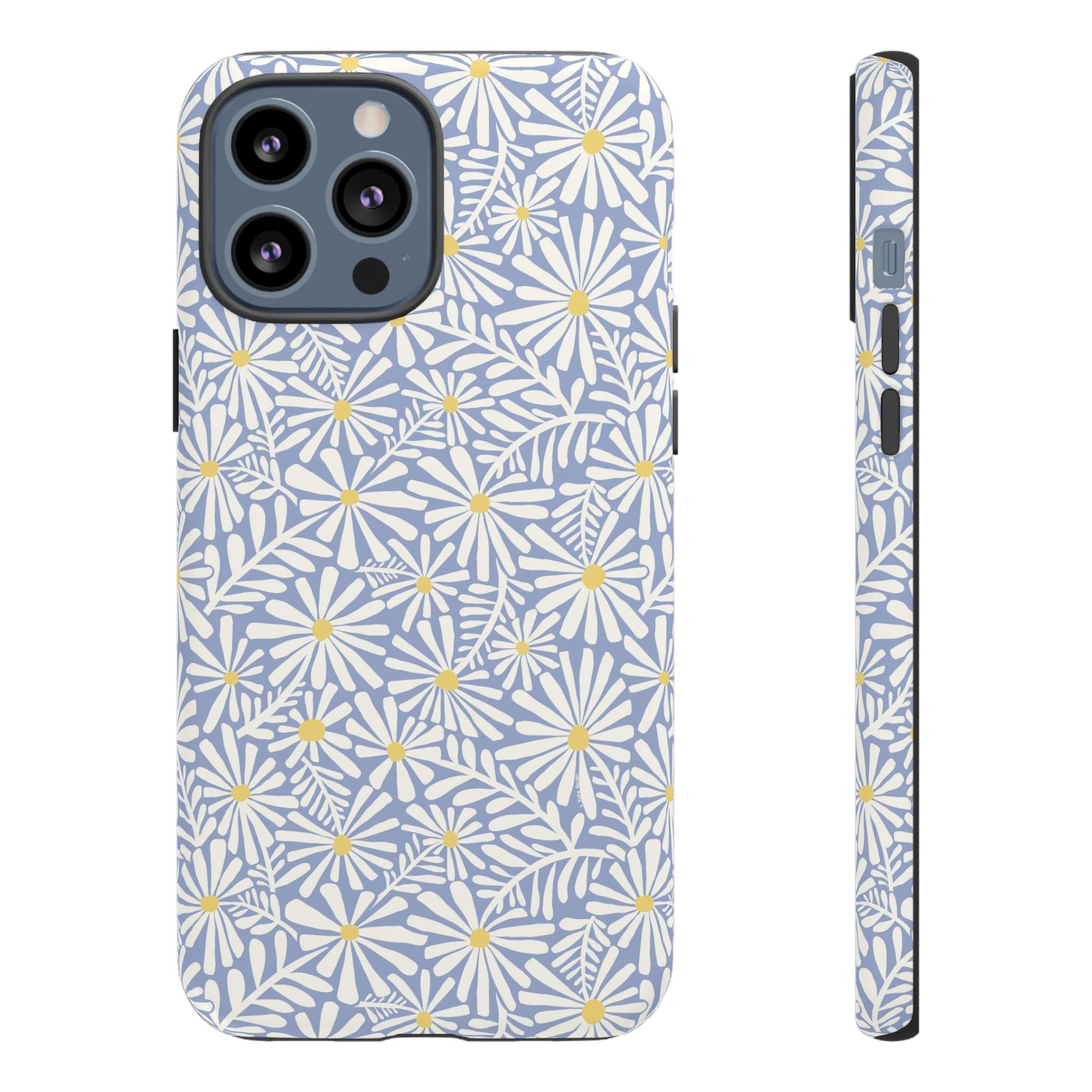 Montauk Daisy Cottage Blue iPhone 13 Pro Max Case – Matte | periwinkle blue, white graphic daisy and fern print, golden yellow centers | dual-layer protection