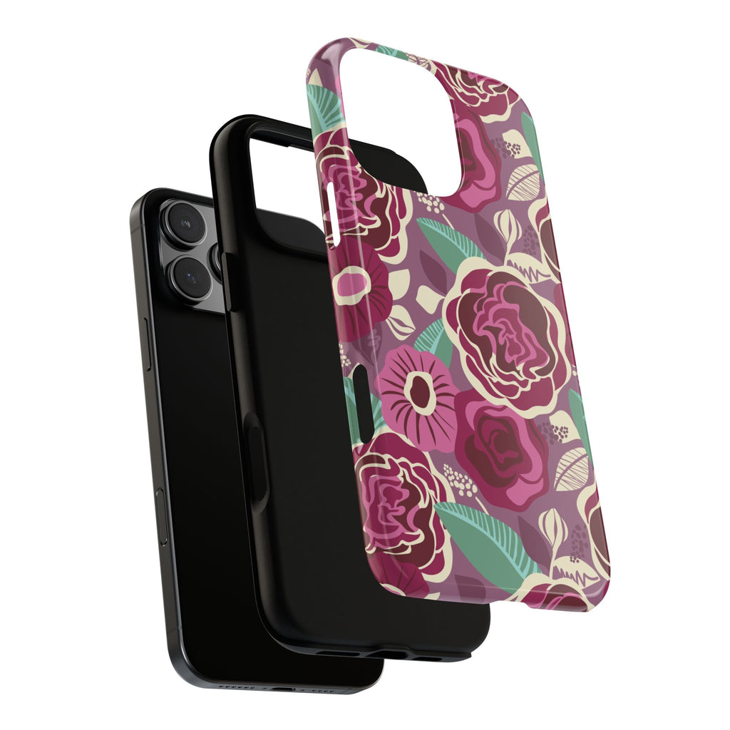 Tea Rose Burgundy Tough iPhone 16 Pro Max Case – dual-layer construction detail | burgundy, magenta, plum botanical rose floral print