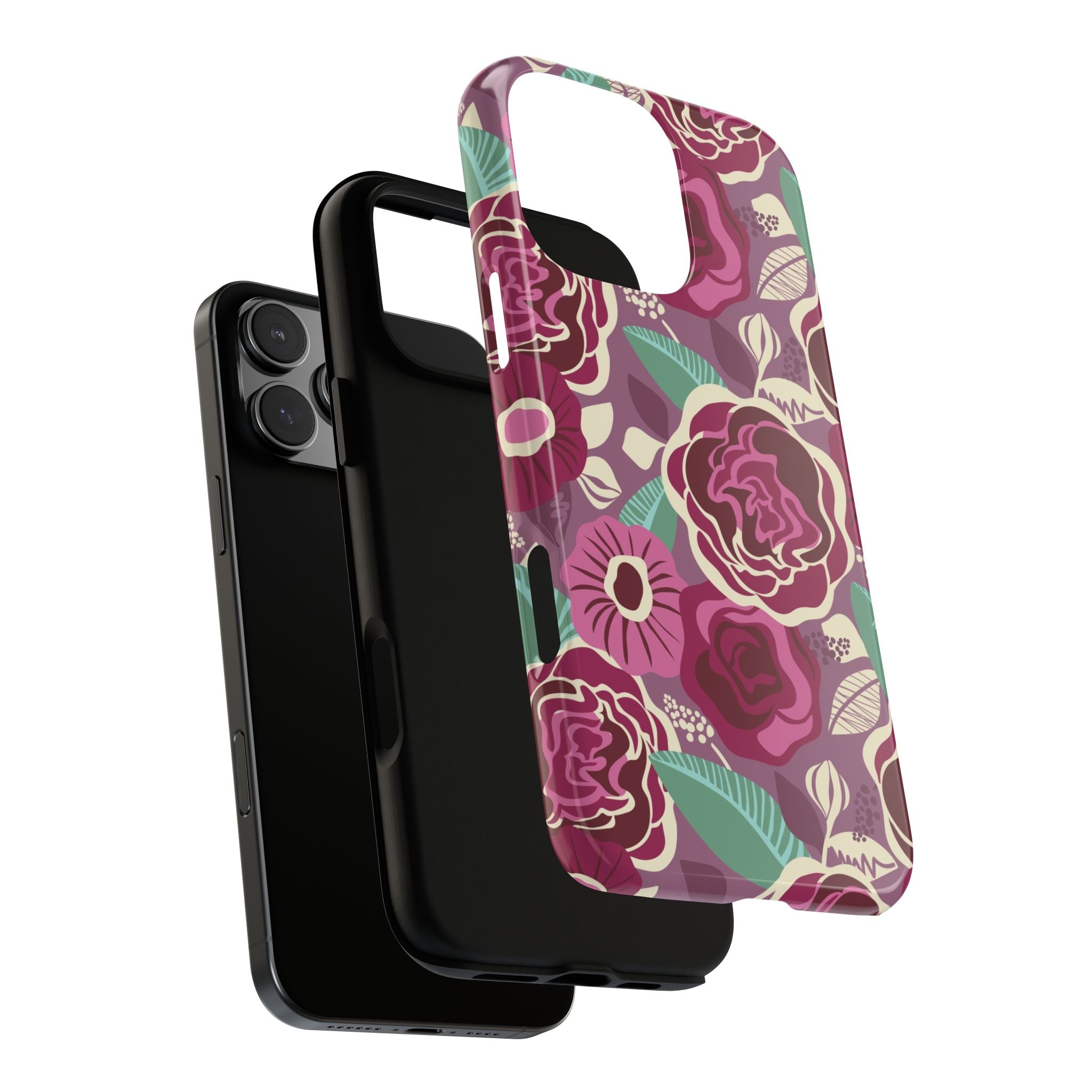 Tea Rose Burgundy Tough iPhone 16 Pro Max Case – dual-layer construction detail | burgundy, magenta, plum botanical rose floral print