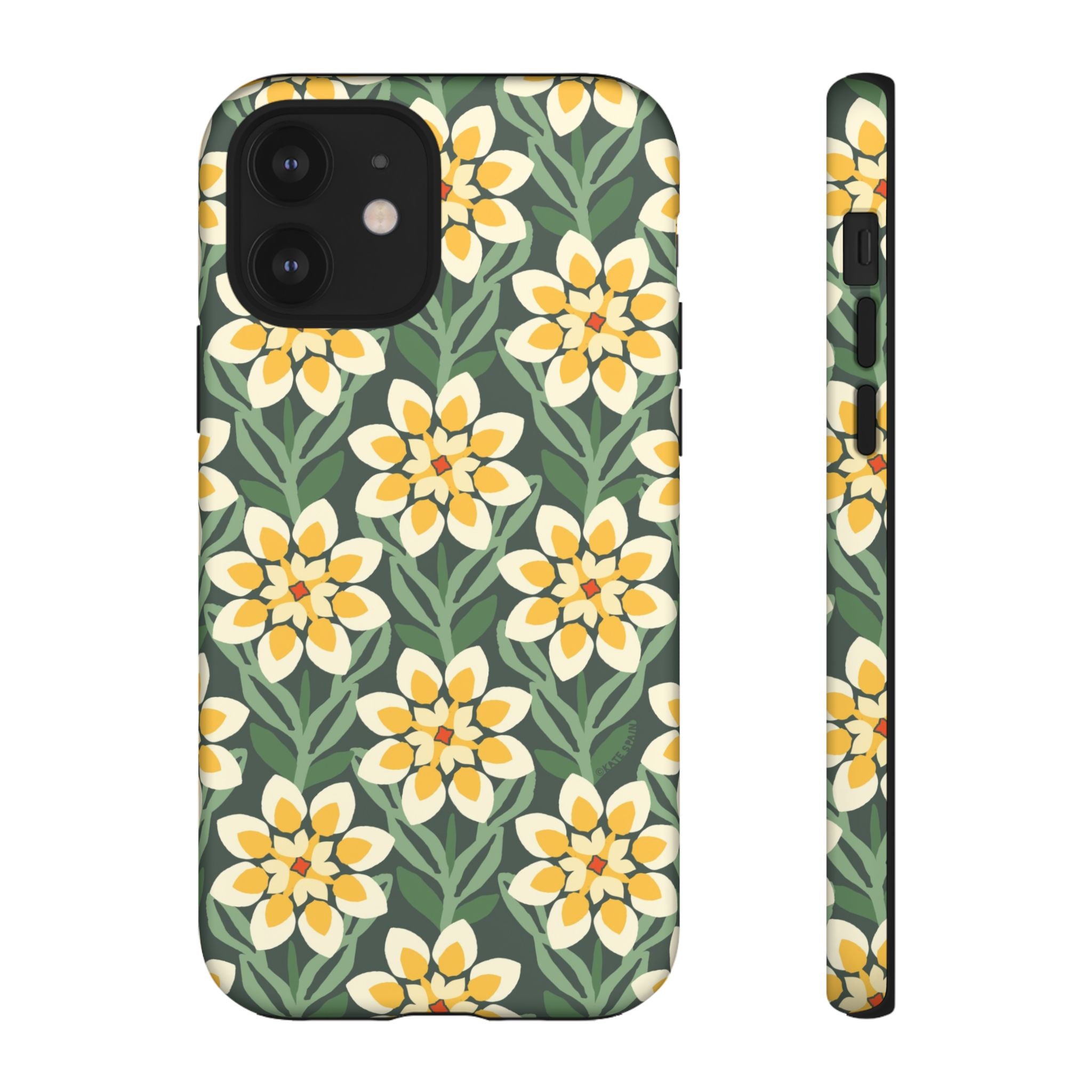 Designer Modern Dahlia Tough iPhone 12 Case – Matte | yellow, cream, green dahlia floral print