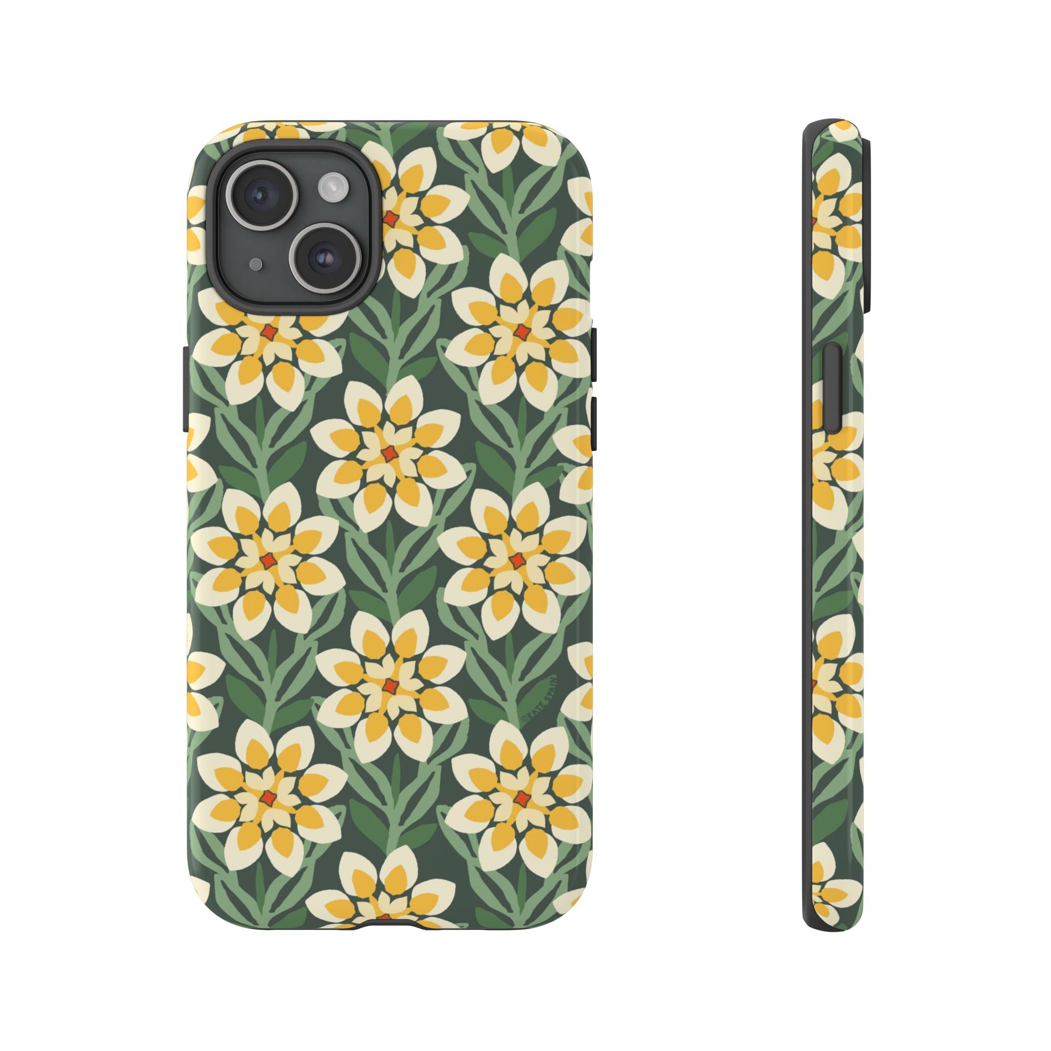 Designer Modern Dahlia Tough iPhone 15 Plus Case – Glossy | yellow, cream, green dahlia floral print