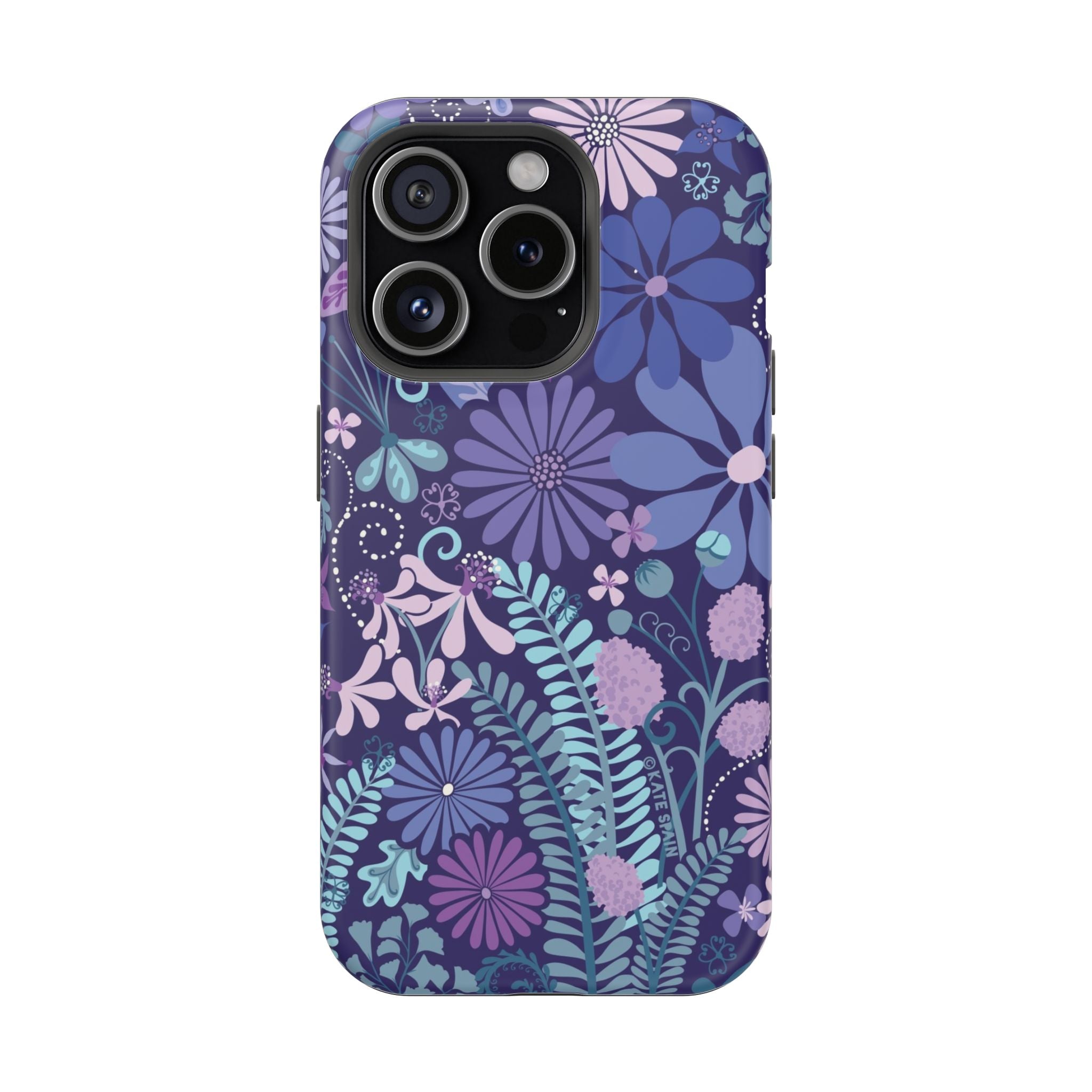 Luxury Terrain MagSafe iPhone 15 Pro Case – Matte | navy, purple, aqua botanical woodland floral print