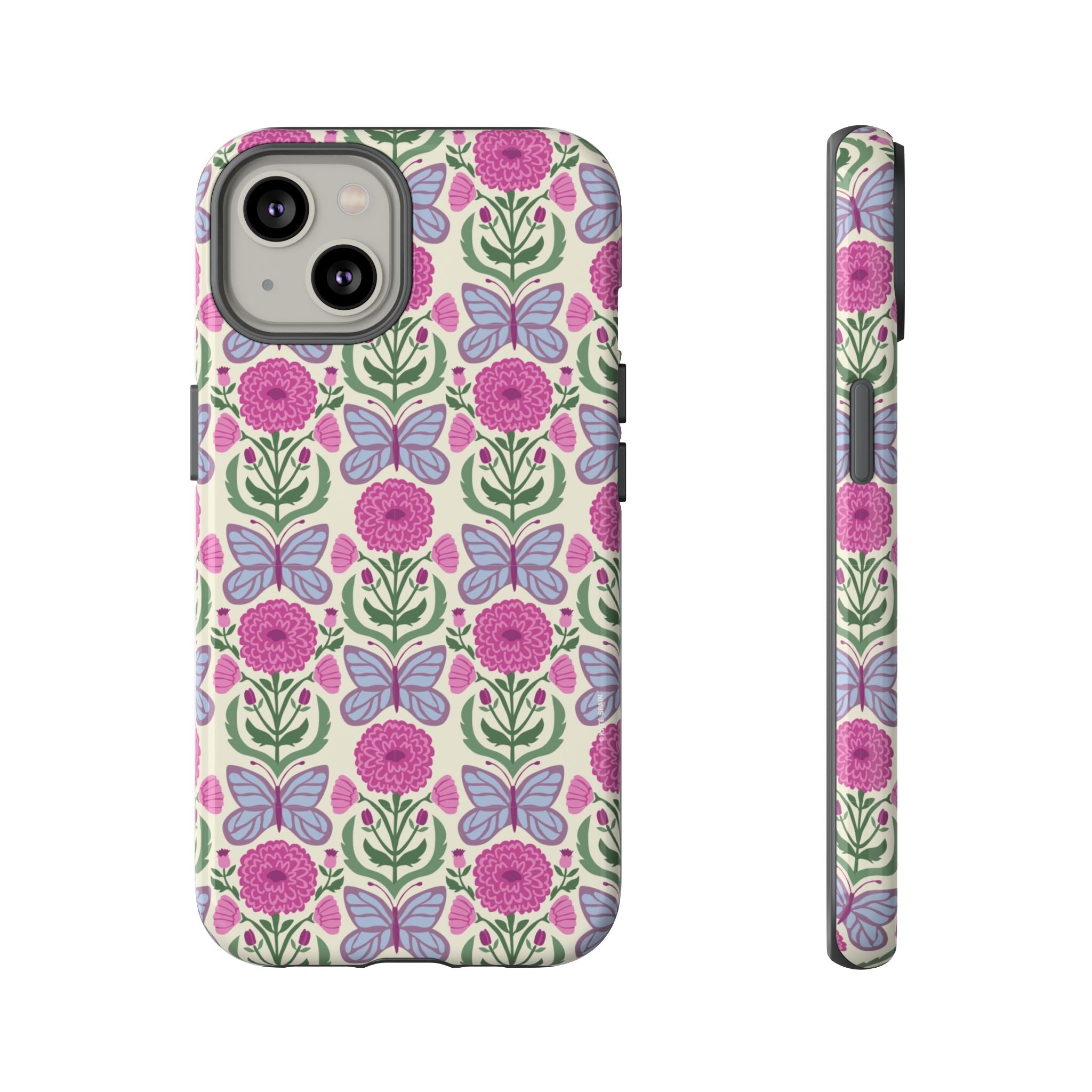 Butterfly Tough iPhone 14 Case – Glossy | cream, magenta, periwinkle butterfly floral print