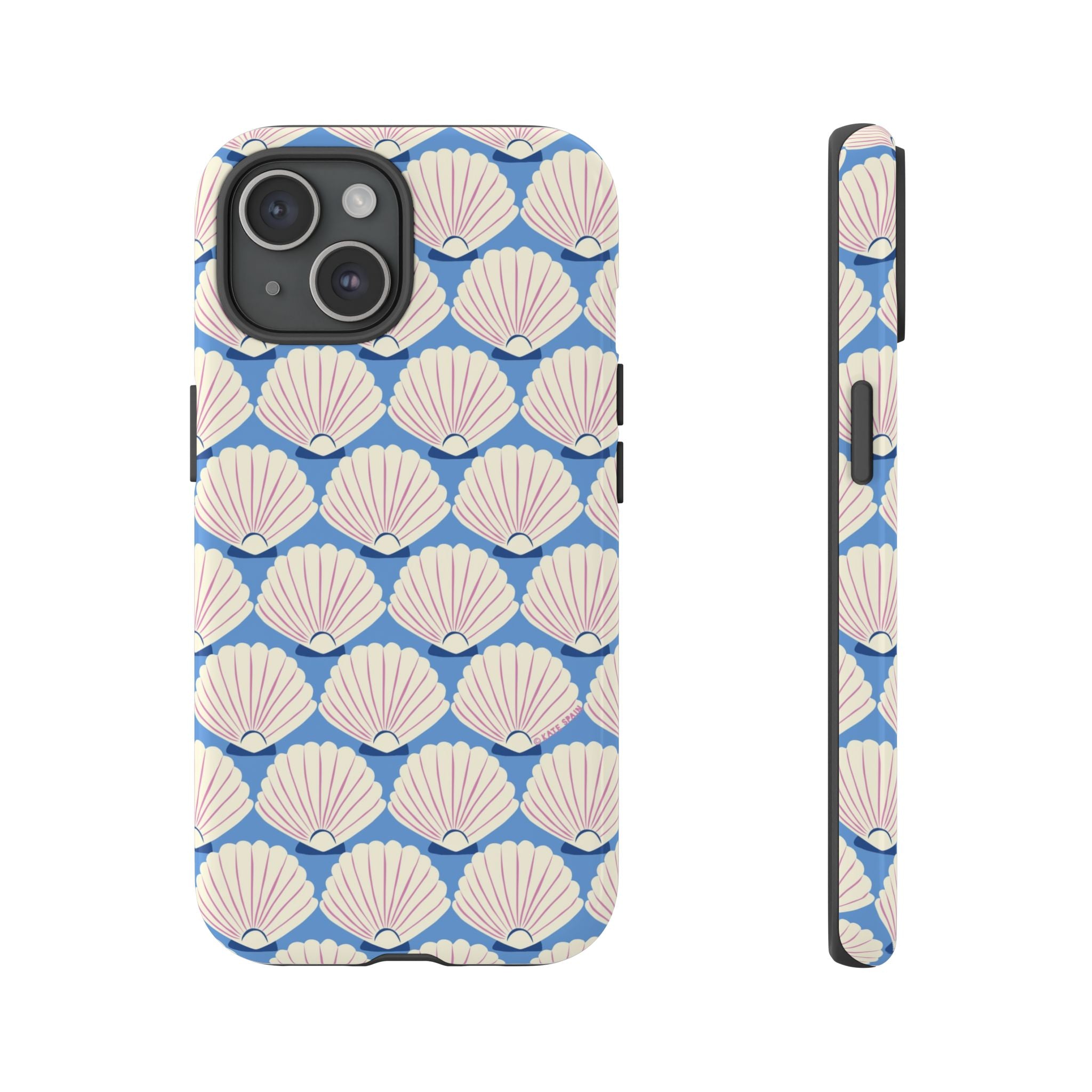Seashells Tough iPhone 15 Case – Glossy | periwinkle, cream, blush scallop shell print