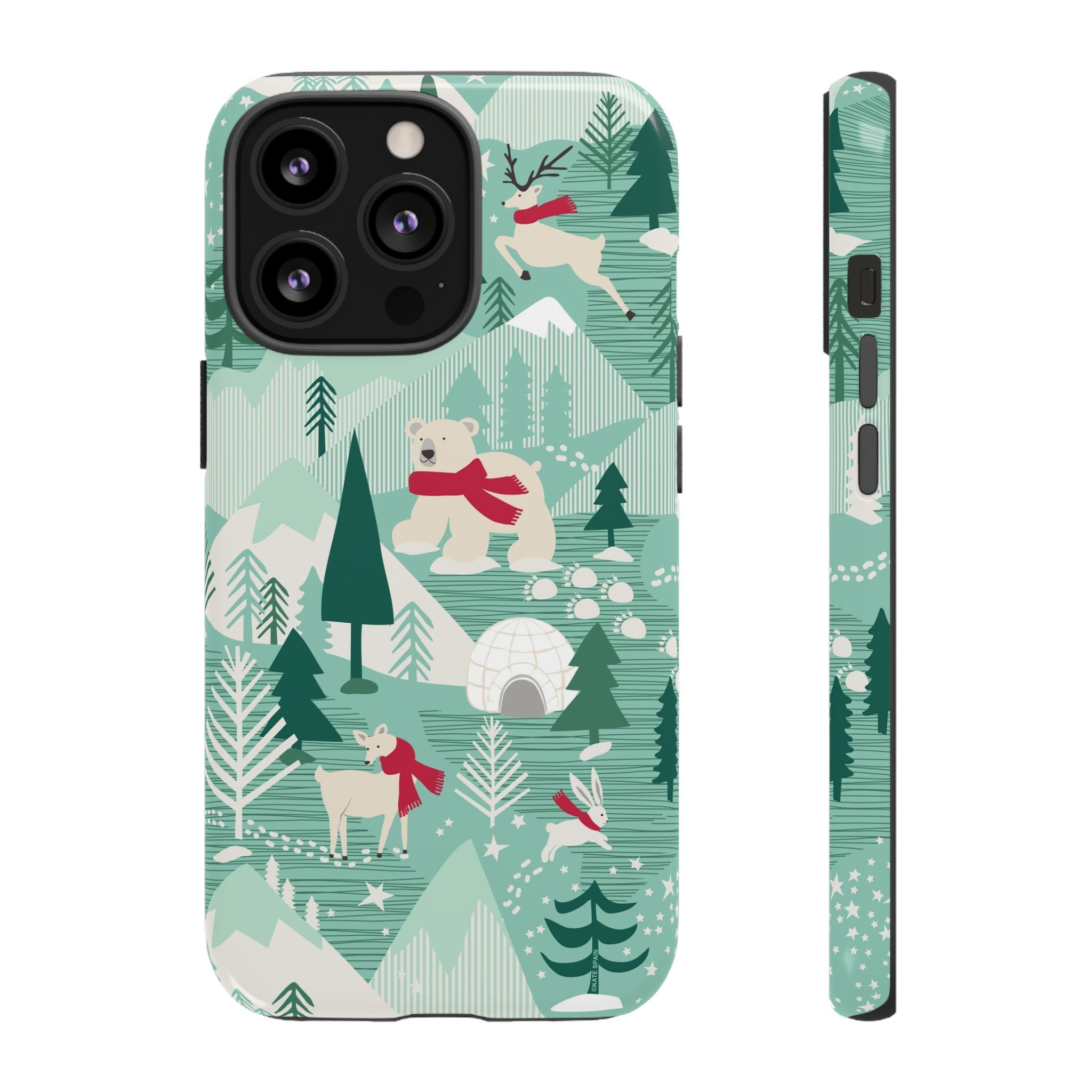 Arctica Winter Tough iPhone 13 Pro Case – Glossy | aqua, evergreen, white, animal frolic winter wonderland print