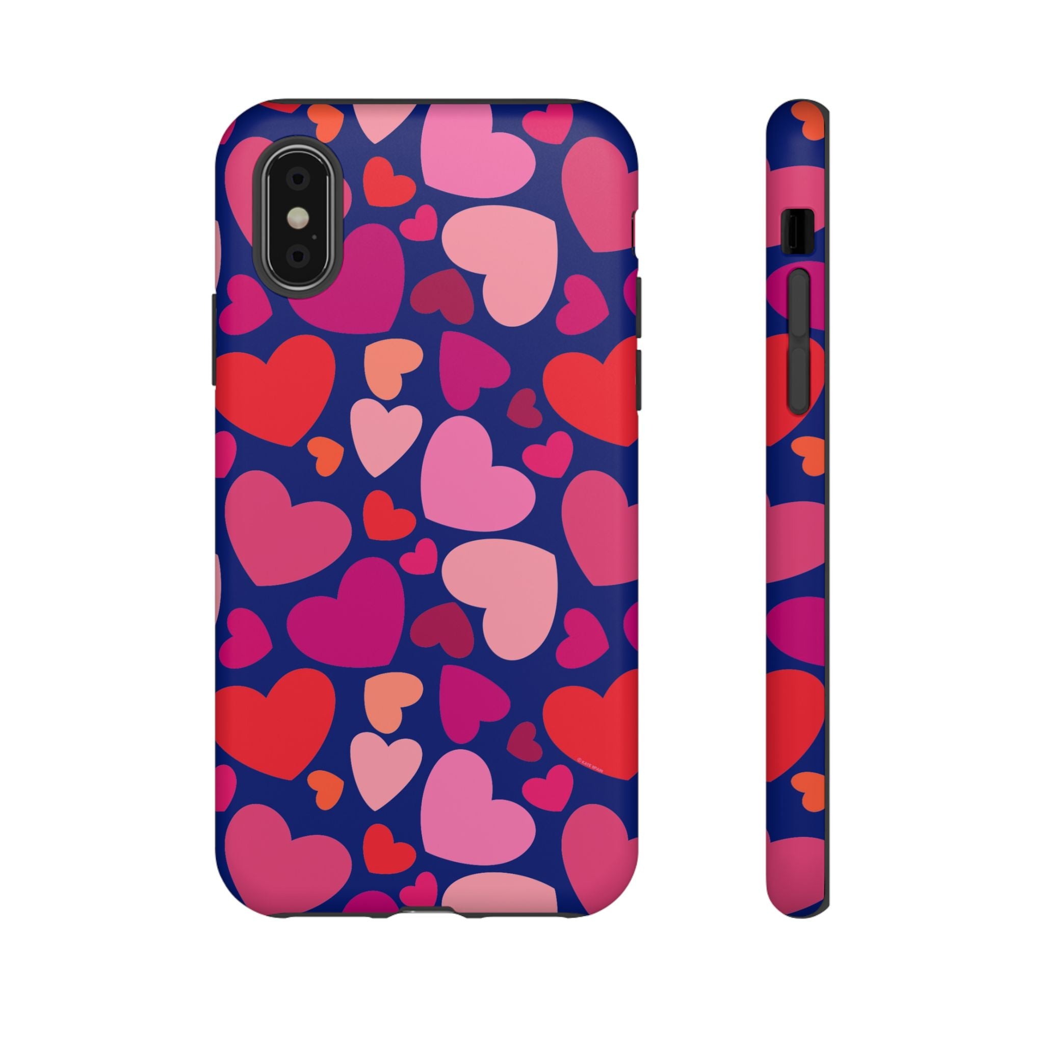 Hearts Tough iPhone XS Case – Matte | navy, pink, red, coral scattered heart print