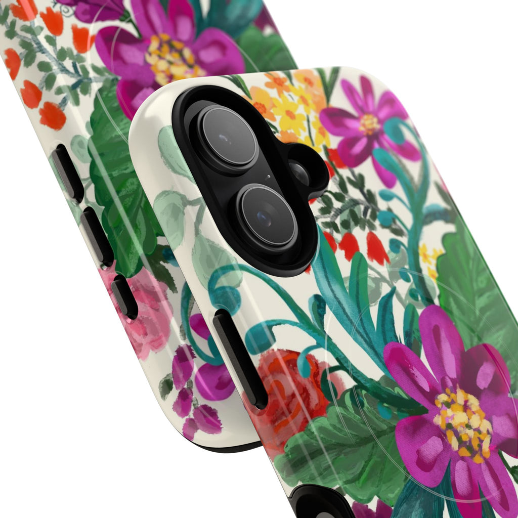 Posy MagSafe iPhone 16 Pro Max Case – Glossy | cream, magenta, coral botanical floral print | angled view closeup of camera cutout and buttons