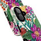Posy MagSafe iPhone 16 Pro Max Case – Glossy | cream, magenta, coral botanical floral print | angled view closeup of camera cutout and buttons
