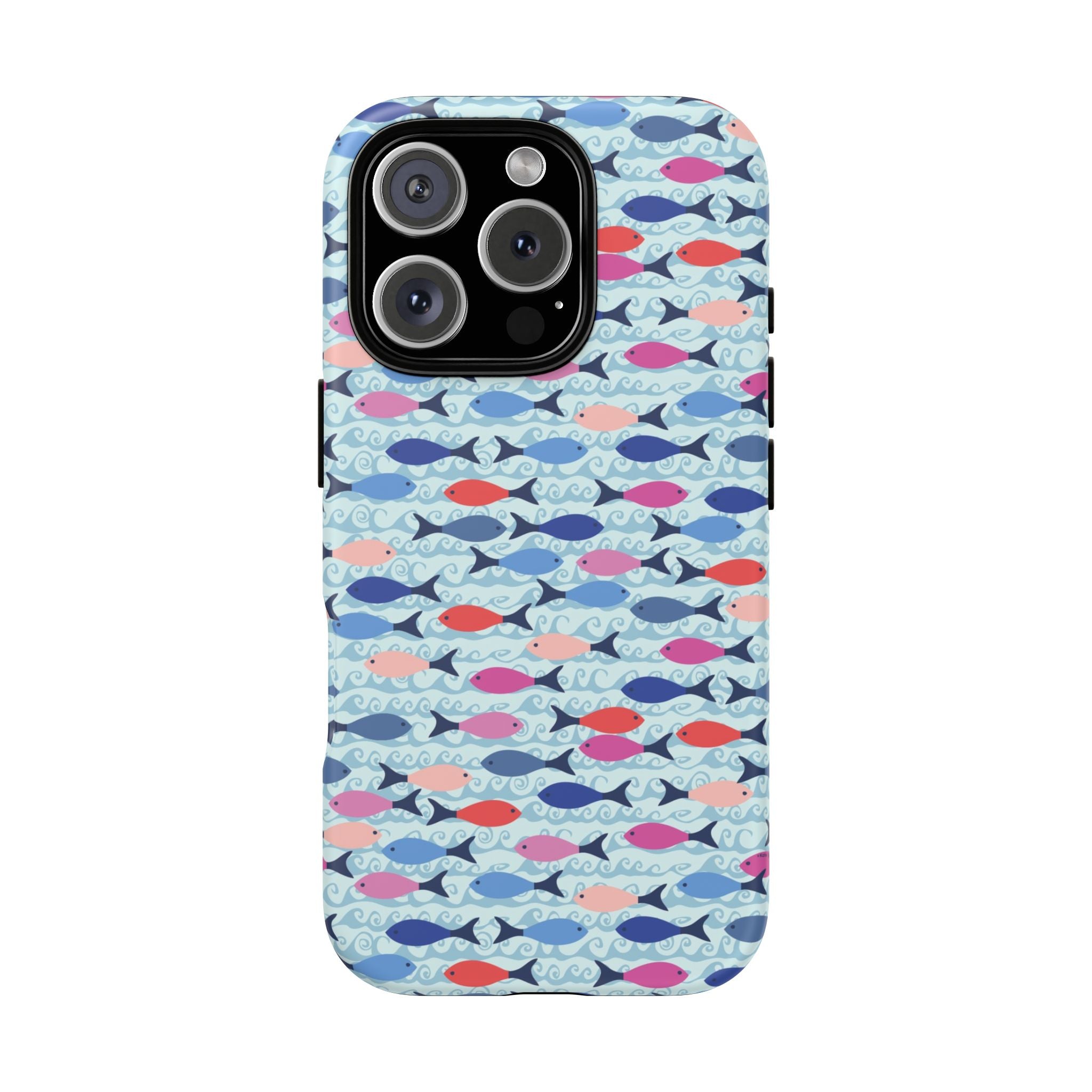 Summer Minnows Tough iPhone 16 Pro Case – Glossy | navy, coral, pink, and periwinkle fish on a pale aqua ground