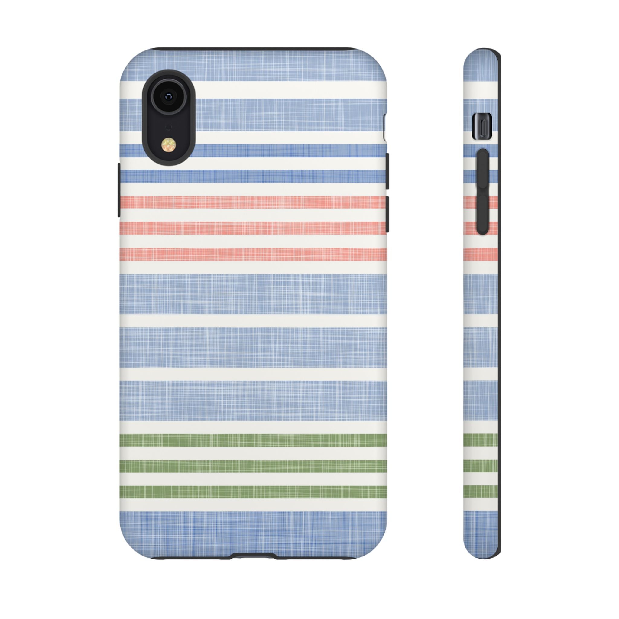 Cabana Stripe Pastel Tough iPhone XR Case – Matte | soft blue, coral, sage green chambray-textured stripe print dual-layer protection