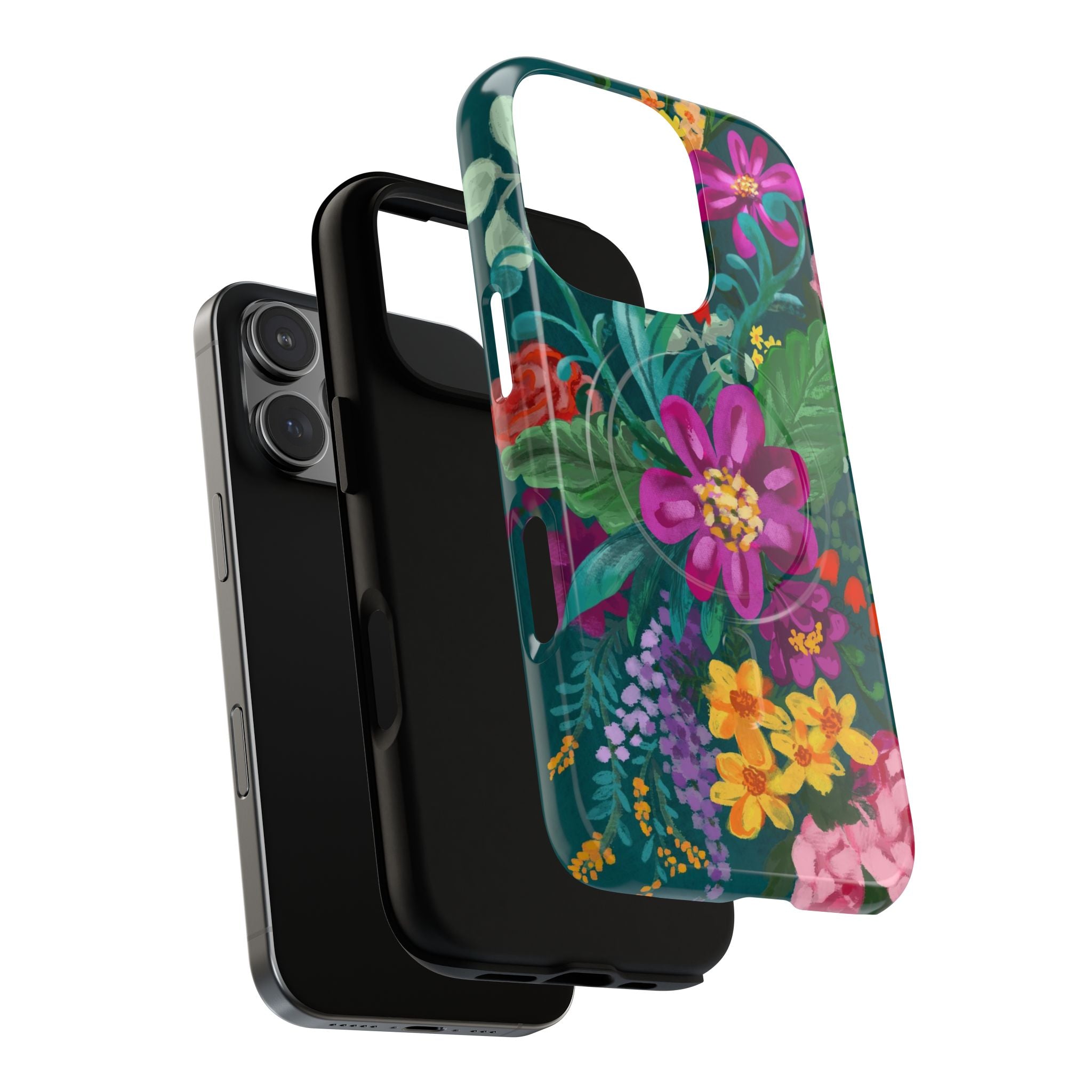 Posy MagSafe iPhone 16 Pro Max Case – Dual-layered view of case and inner lining in front of phone, with view of camera cutout and buttons | teal, purple, magenta, yellow botanical wildflower print