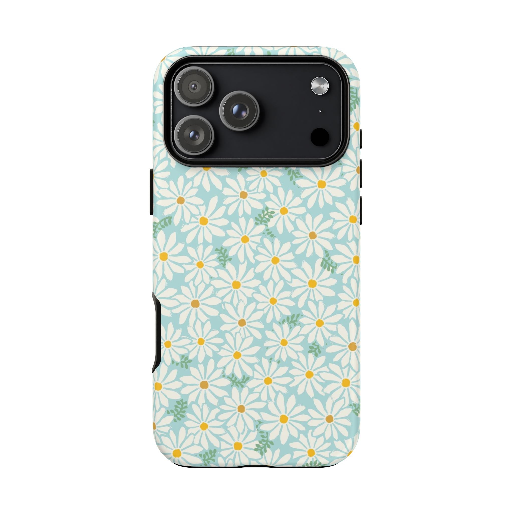 Daisies Tough iPhone 17 Pro Max Case – Matte | sky blue, white daisy print, golden yellow centers, mint green leaves dual-layer protection
