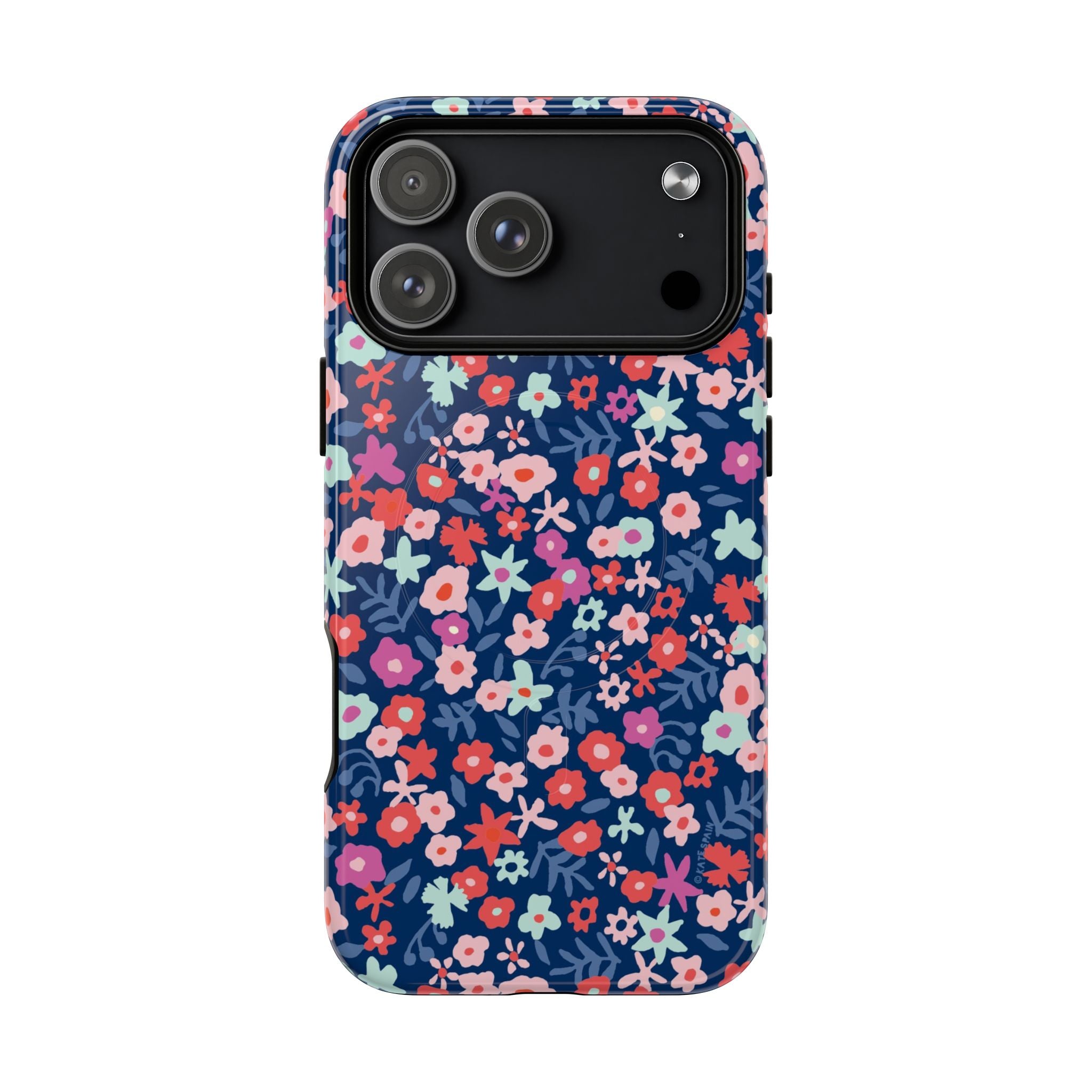 Primrose MagSafe iPhone 17 Pro Max Case – Glossy | navy, pink, white ditsy floral print