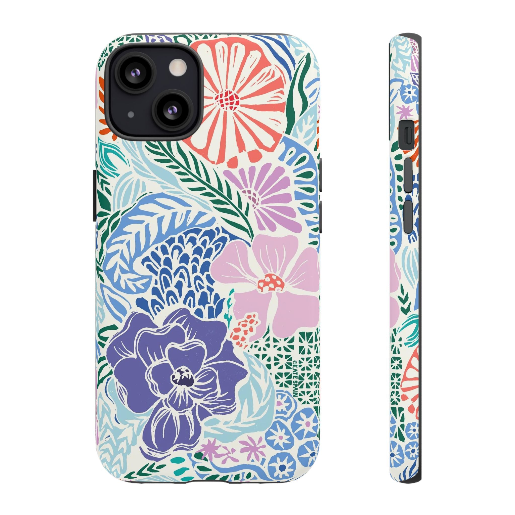Tropica Tough iPhone 13 Case – Glossy | purple, coral, pink, blue botanical tropical floral print
