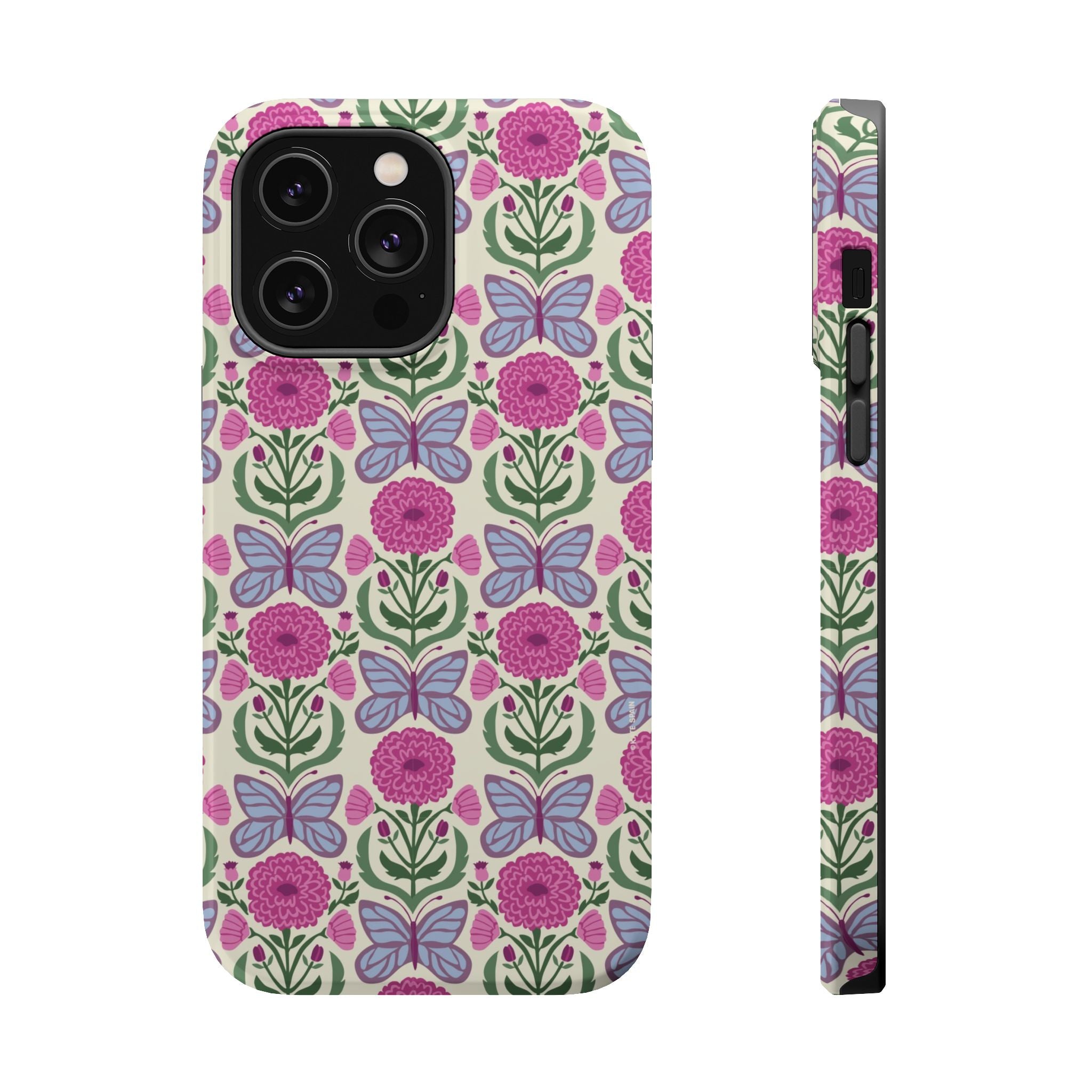 Butterfly MagSafe iPhone 14 Pro Max Case – Glossy | cream, magenta, periwinkle butterfly floral print