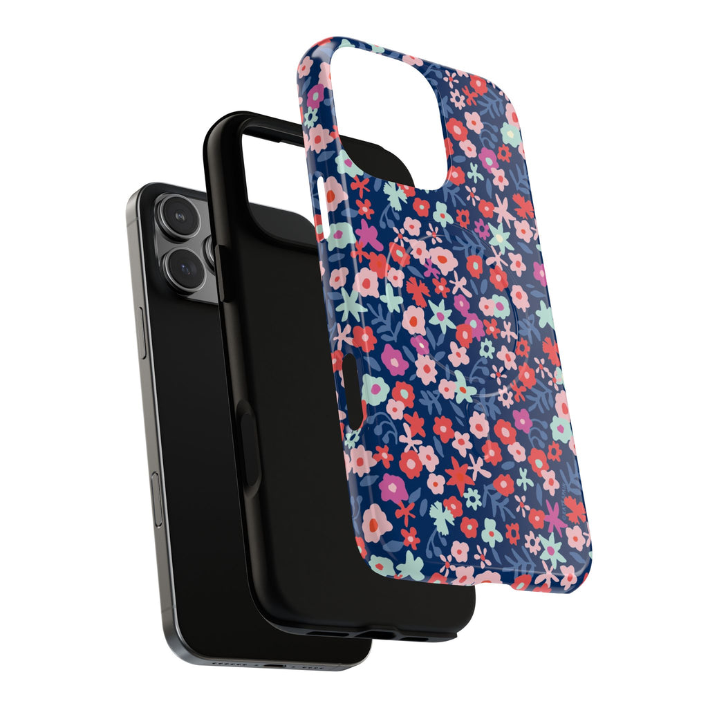 Primrose MagSafe iPhone 16 Pro Max Case – Dual-layered view of case and inner lining in front of phone, with view of camera cutout and buttons | navy, pink, white ditsy floral print