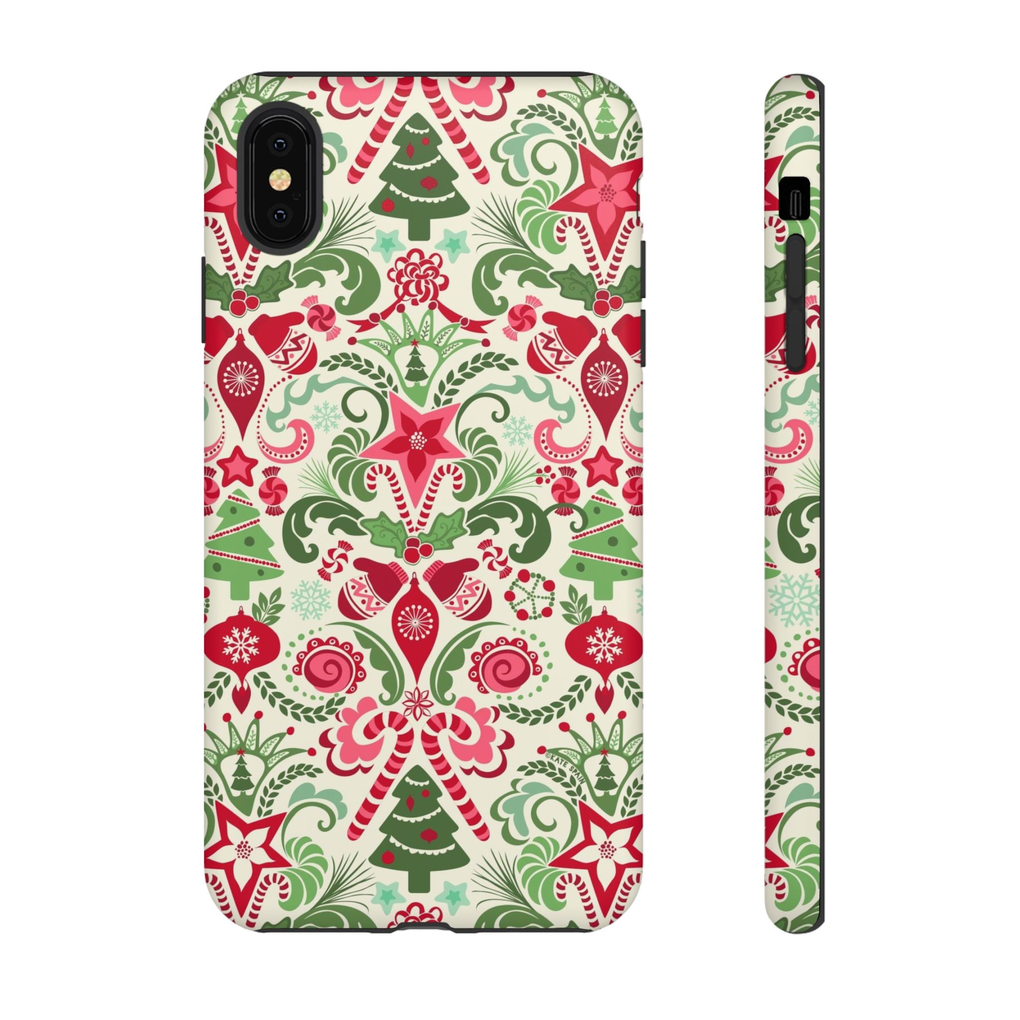 Wonderland Tough iPhone XS Max Case – Matte | cream, red, green Christmas ornament damask print