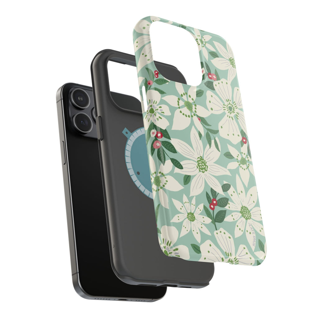 Gardenia MagSafe iPhone  15 Pro Max Case – Glossy | dual-layer construction, in front the hardshell case in light blue, white, green, red gardenia botanical print MagSafe compatible, dual-layer protection