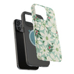 Gardenia MagSafe iPhone  15 Pro Max Case – Glossy | dual-layer construction, in front the hardshell case in light blue, white, green, red gardenia botanical print MagSafe compatible, dual-layer protection