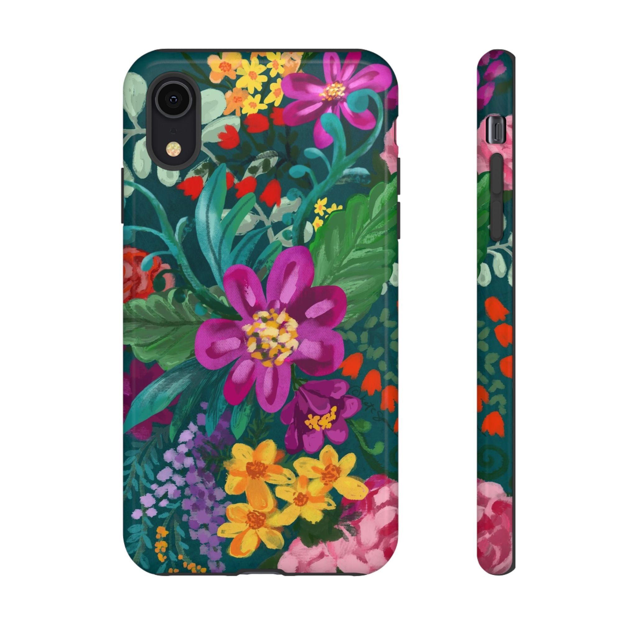 Posy Tough iPhone XR Case – Glossy | teal, purple, magenta, yellow botanical wildflower print