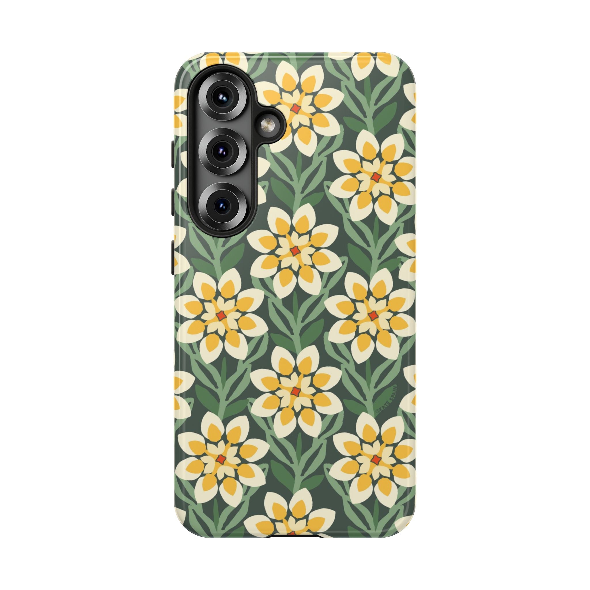 Luxury Modern Dahlia Samsung Galaxy S25 Case – Glossy | forest green, yellow, cream modern dahlia print