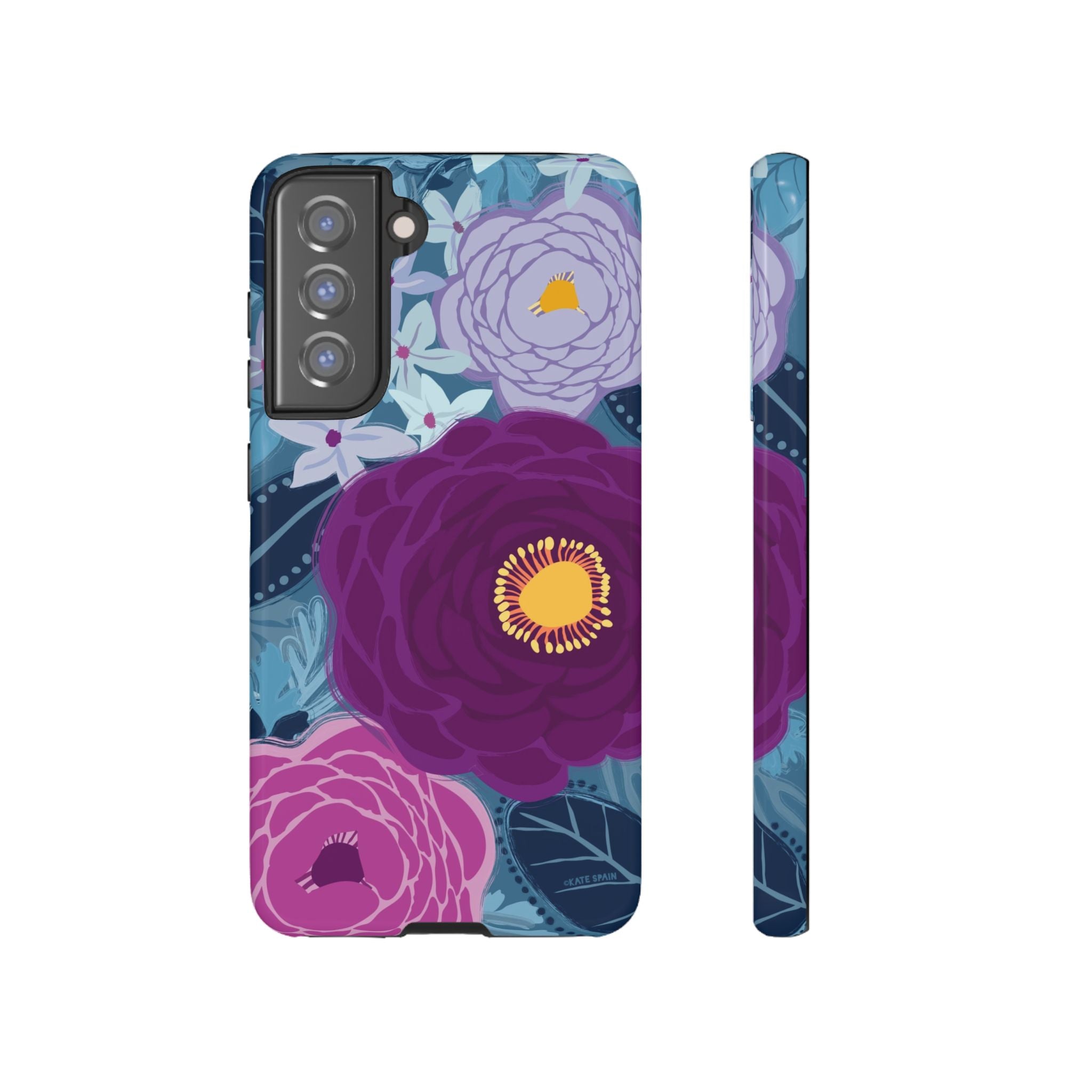 Bloomerie Samsung Tough Case Samsung Galaxy S21 FE Case – Glossy | navy, purple, magenta botanical peony floral print