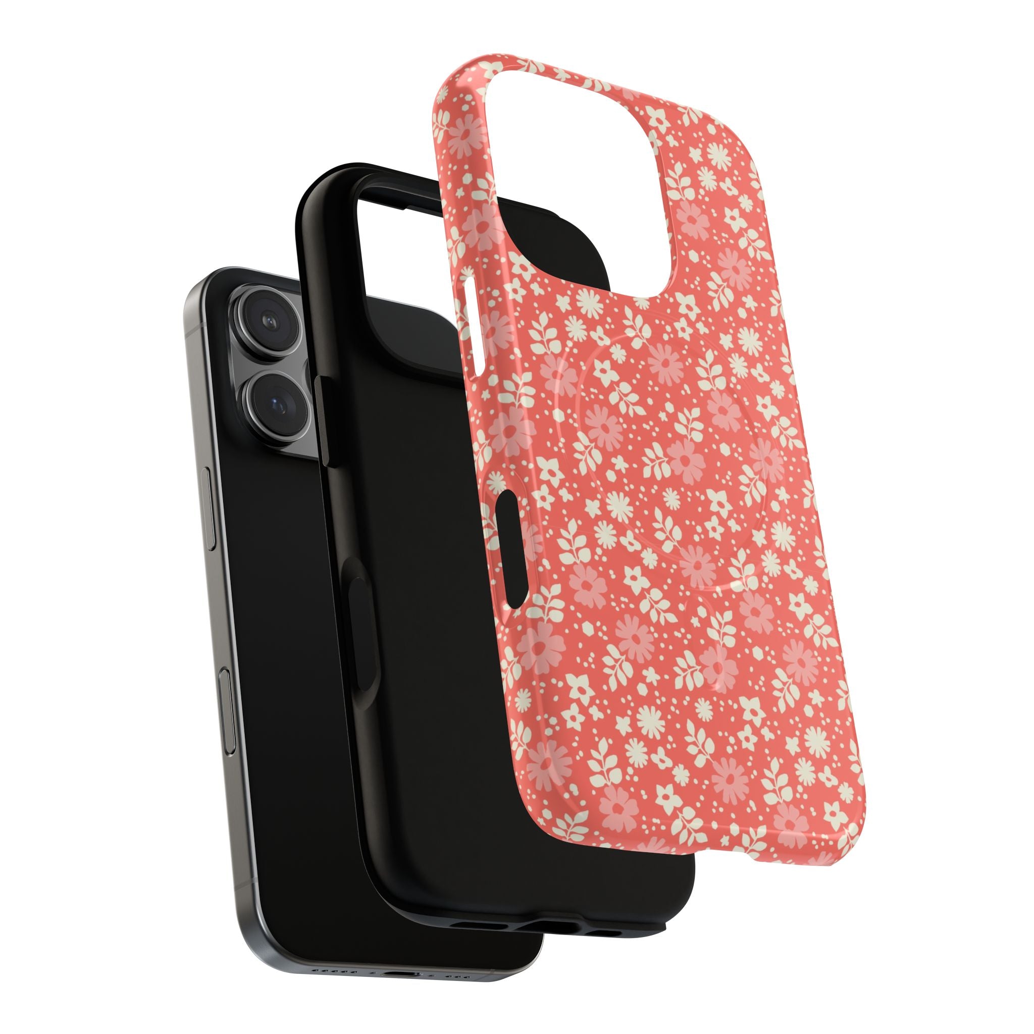 Petaline Coral MagSafe iPhone 16 Pro Max Case – Glossy | coral, pink, cream ditsy floral print | angled view closeup of camera cutout and buttons