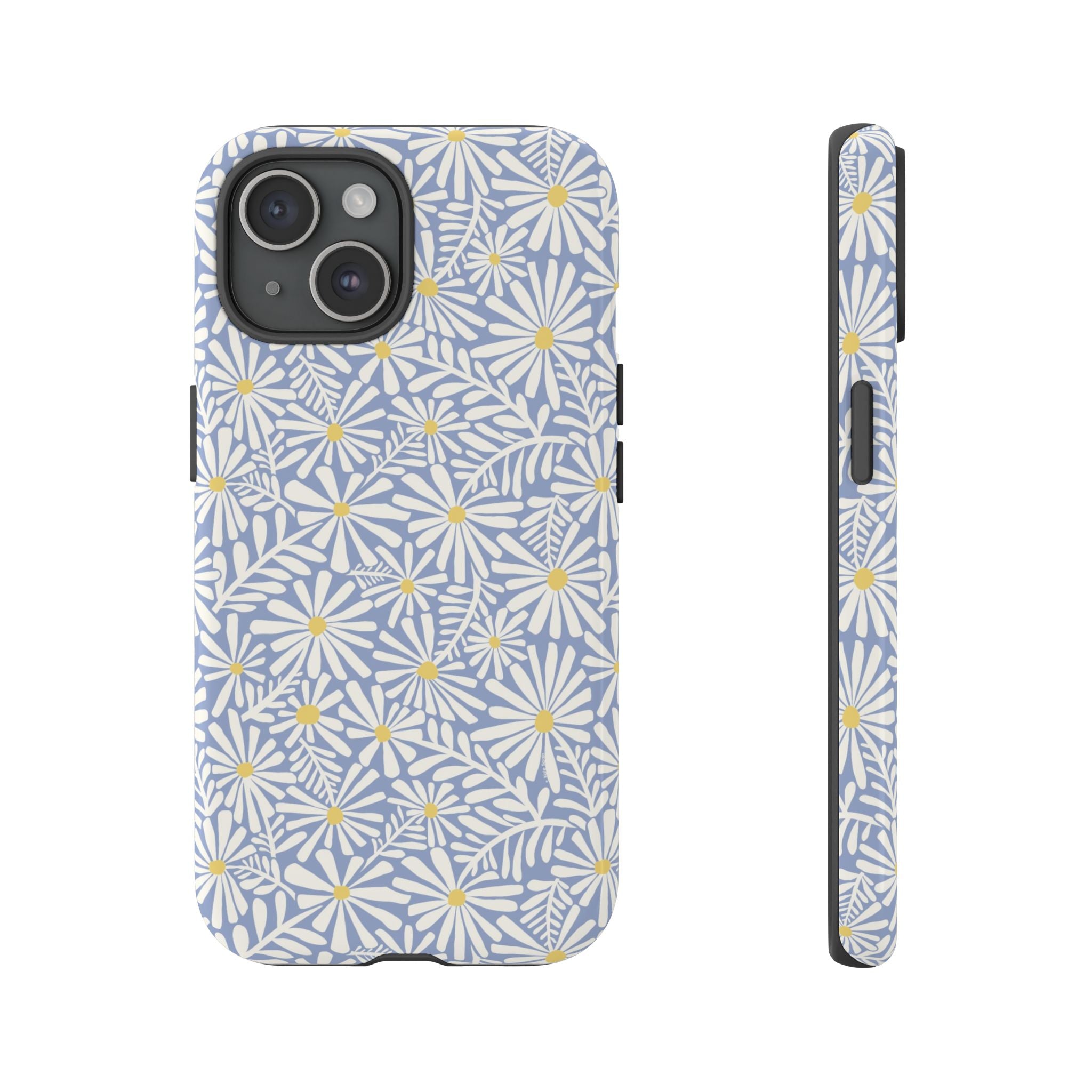 Montauk Daisy Cottage Blue iPhone 15 Case – Glossy | periwinkle blue, white graphic daisy and fern print, golden yellow centers | dual-layer protection