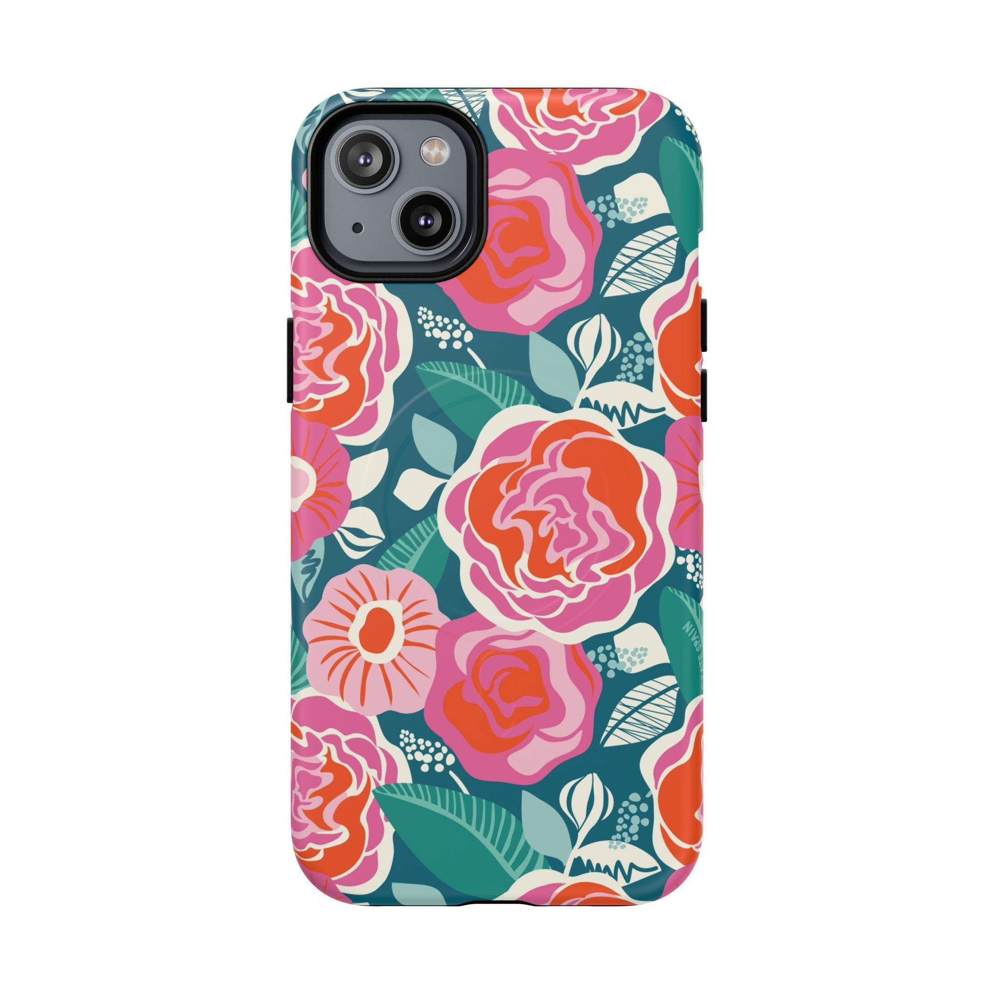 Luxury Tea Rose Teal MagSafe iPhone 14 Plus Case – Matte | teal, coral, pink botanical rose floral print