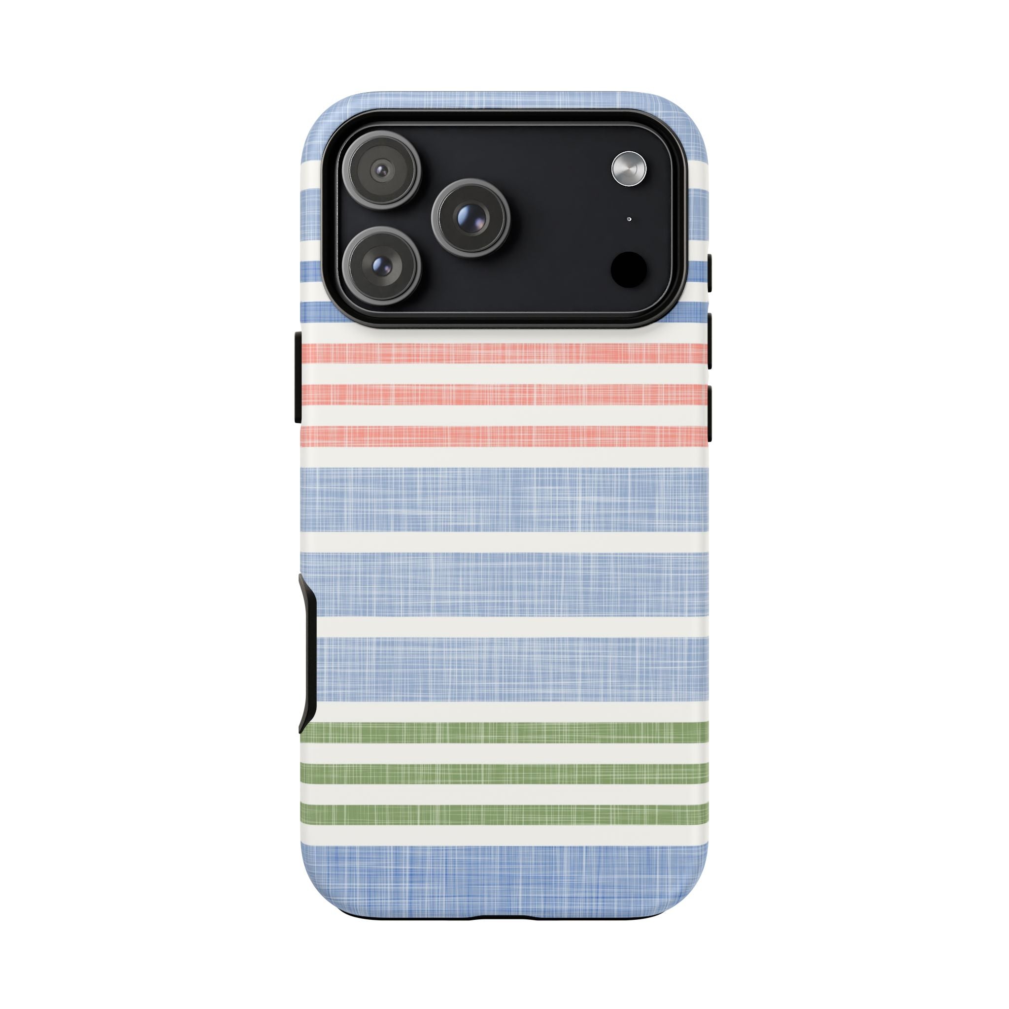 Cabana Stripe Pastel Tough iPhone 17 Pro Max Case – Matte | soft blue, coral, sage green chambray-textured stripe print dual-layer protection