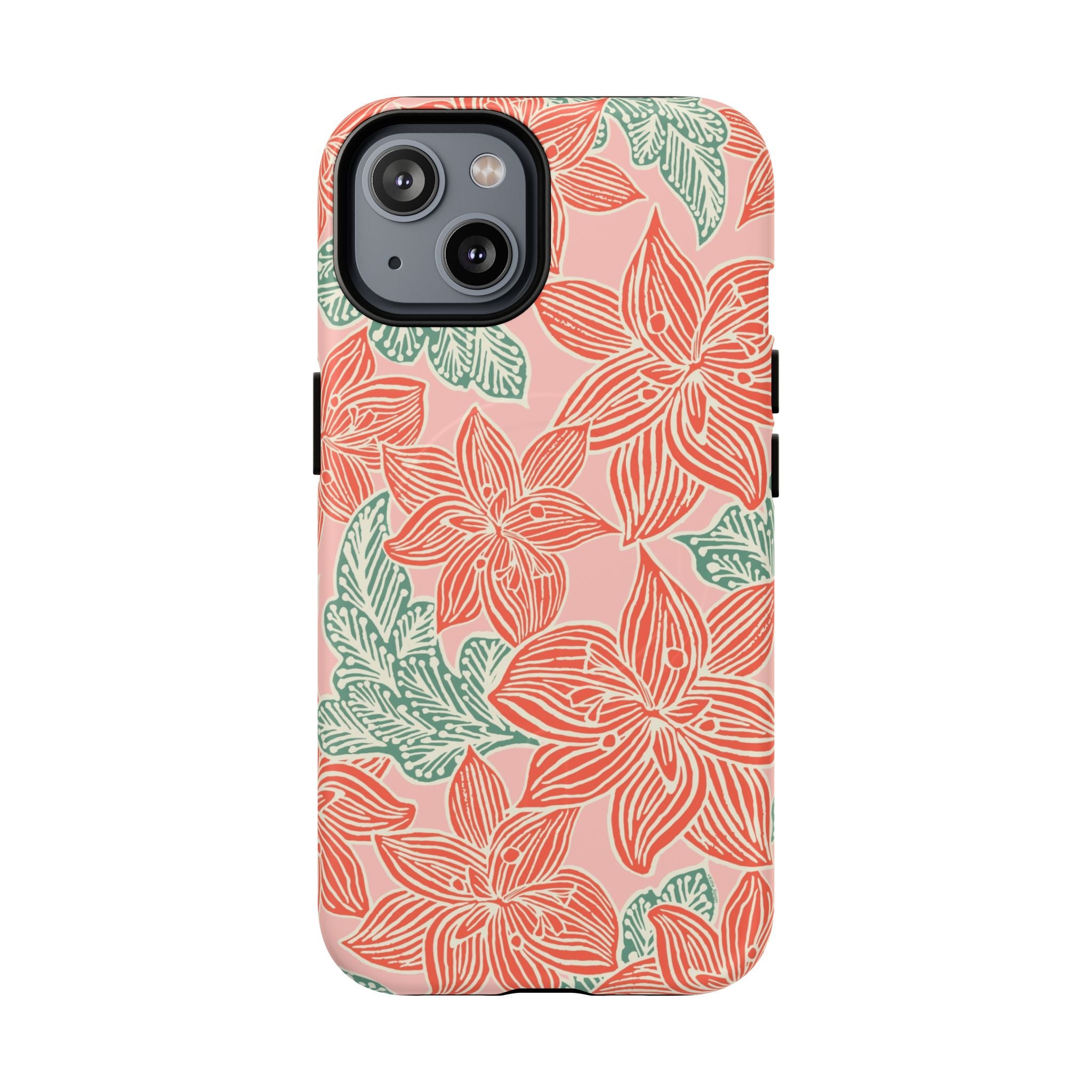 Hibiscus Coral MagSafe iPhone 14 Matte Case — blush pink hard case with large-scale coral red hibiscus flowers and teal-green leaves in a bold botanical linework print, densely layered across the surface