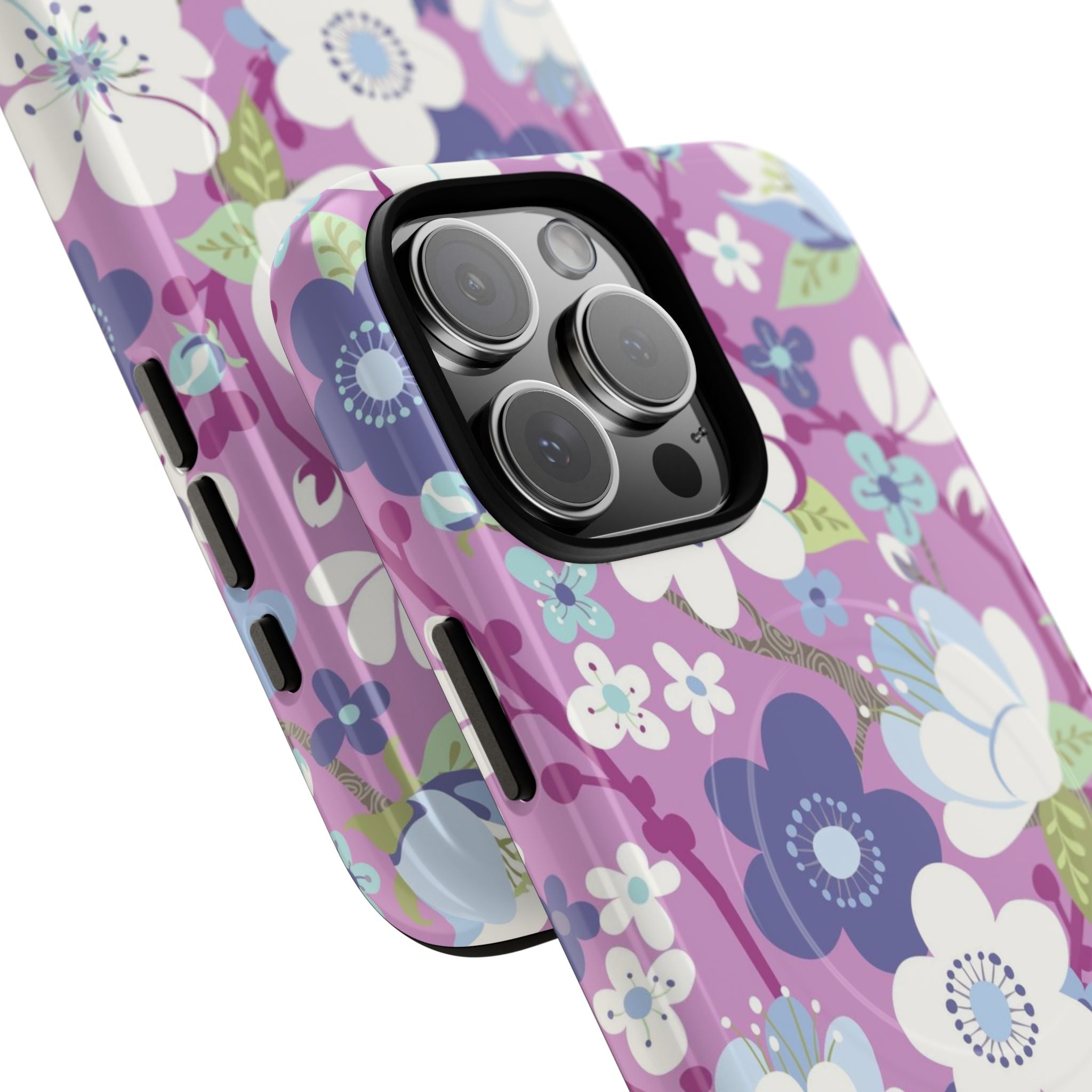 Purple Cherry Blossom MagSafe iPhone 16 Pro Max Case – Glossy | mauve, purple, blue, white cherry blossom print | angled view closeup of camera cutout and buttons