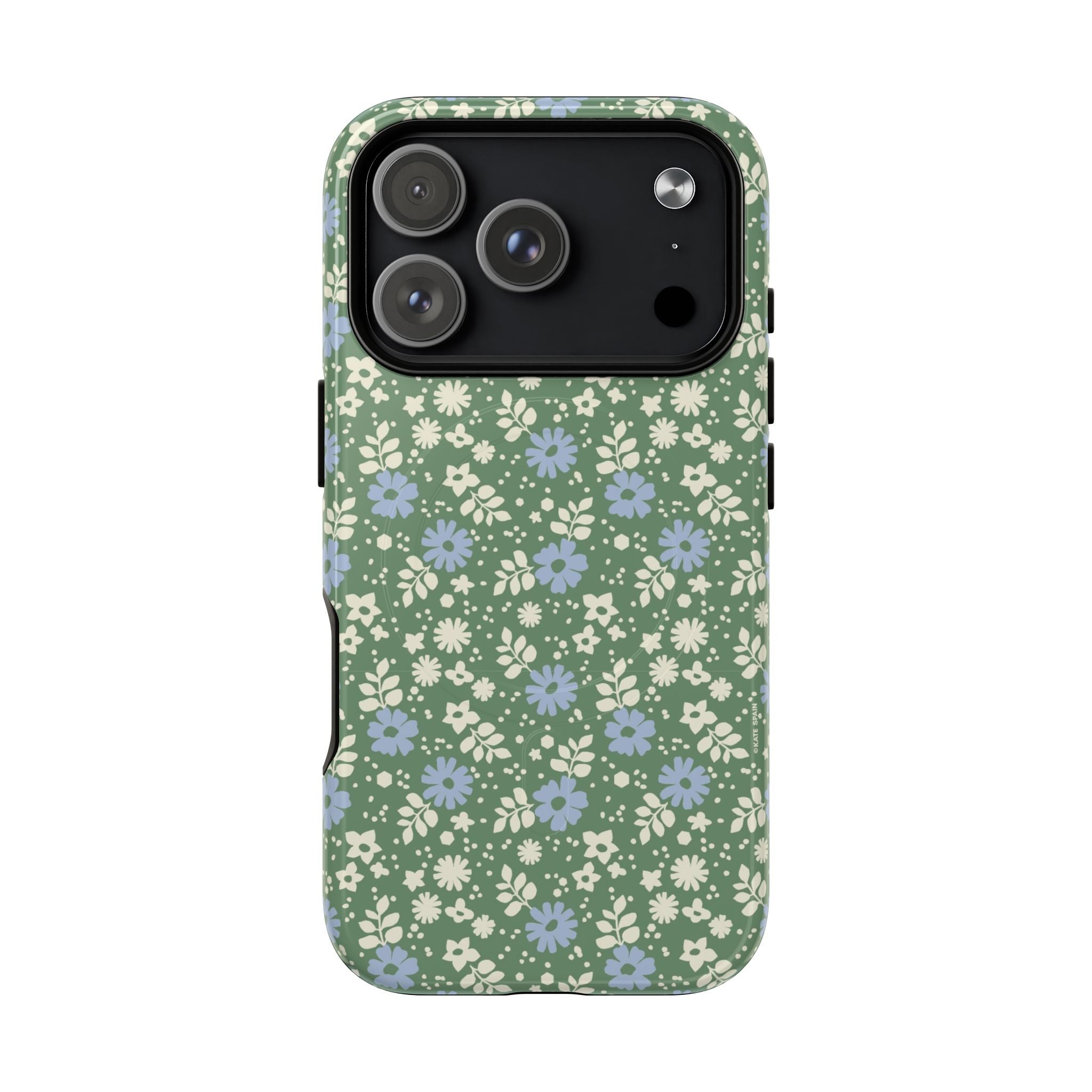 Petaline Green MagSafe iPhone 17 Pro Case – Glossy | cream and periwinkle blue ditsy floral print on a sage green ground