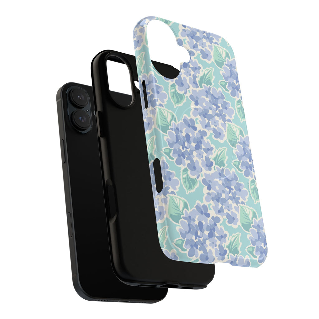 Nantucket Hydrangea MagSafe iPhone Case – lifestyle angled view of dual layer ultimate protection, buttons and camera cutout