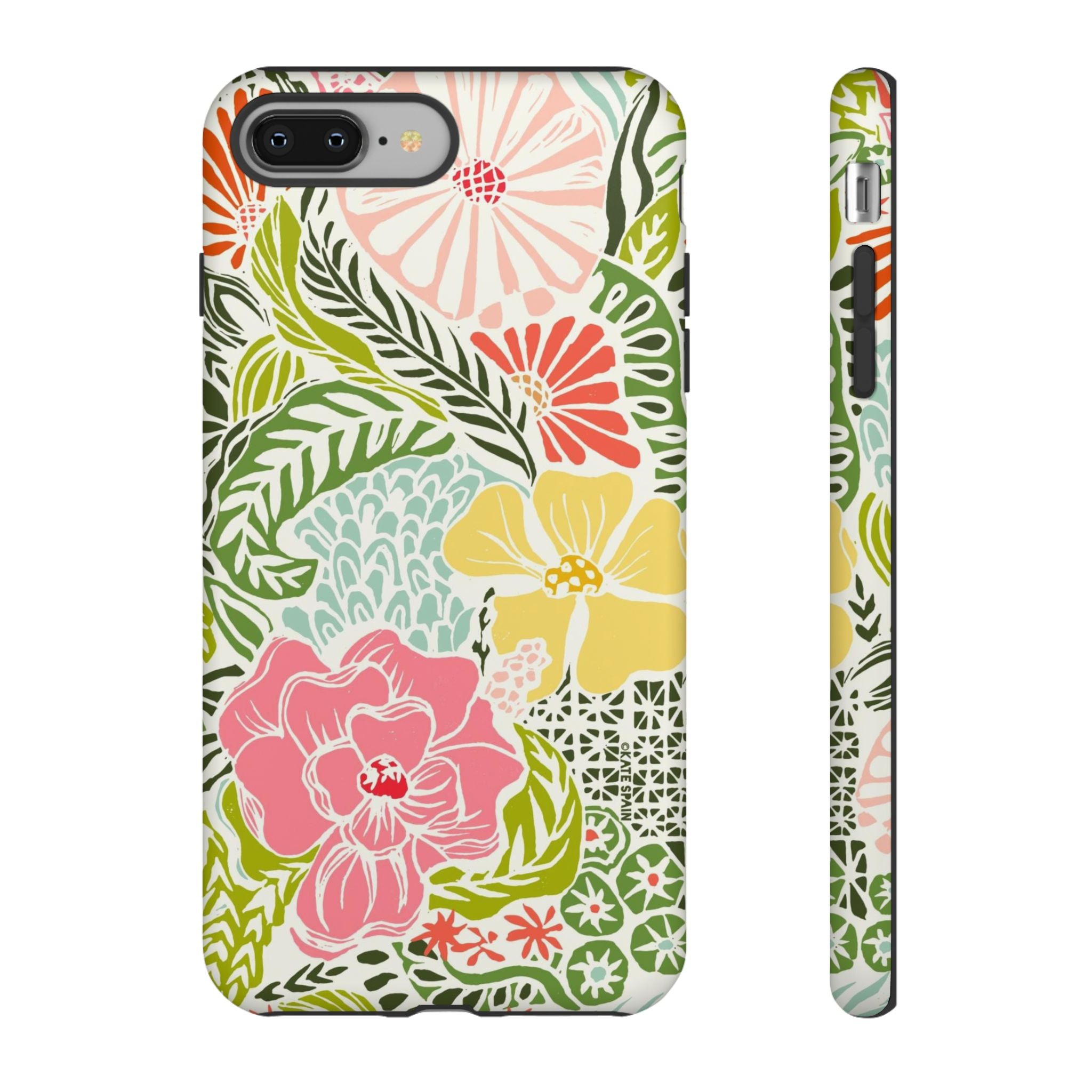 Tropica Tough iPhone 8 Plus Case – Matte | cream, pink, yellow, blue botanical floral print