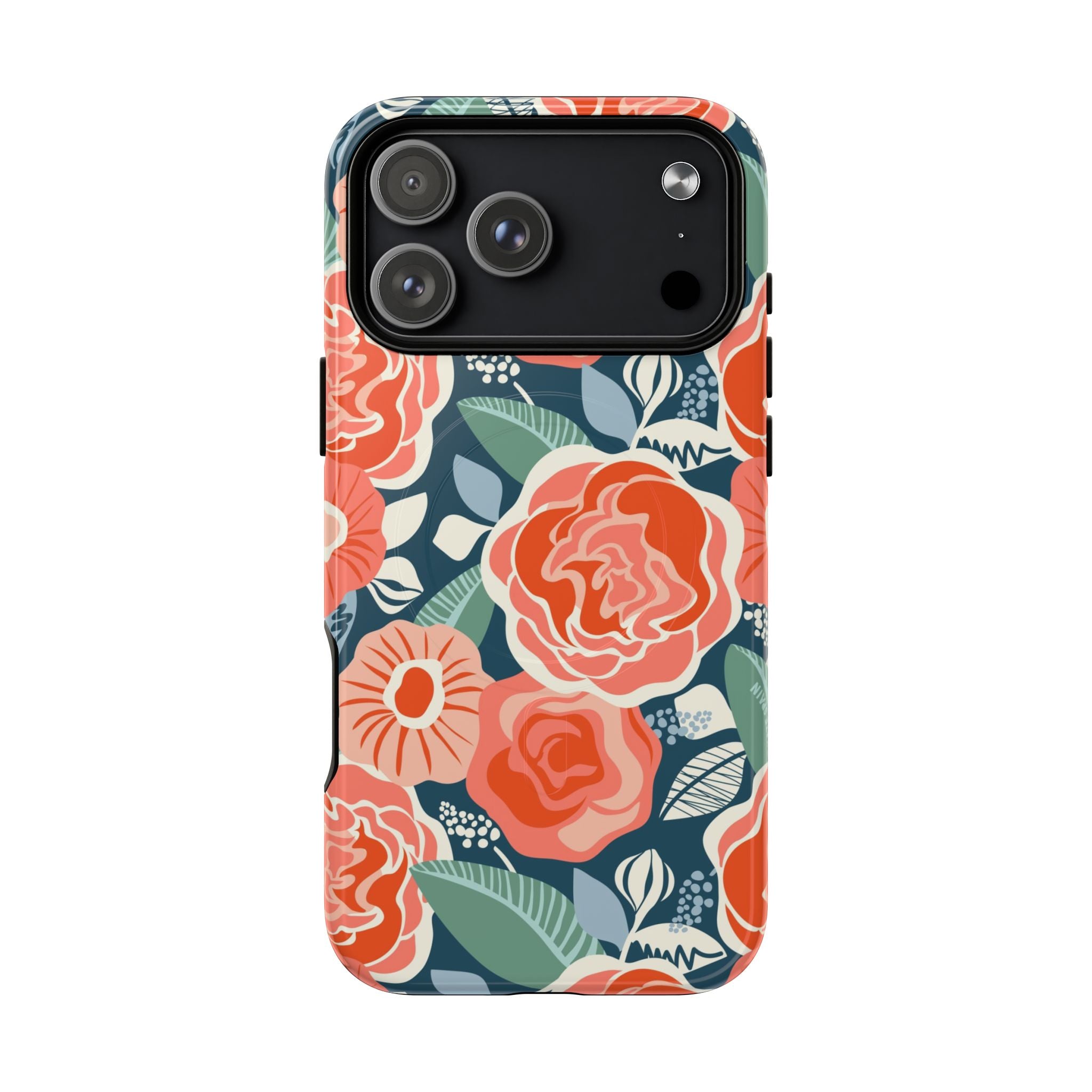 Luxury Tea Rose Navy MagSafe iPhone 17 Pro Max Case – Glossy | navy, coral, peach botanical rose floral print