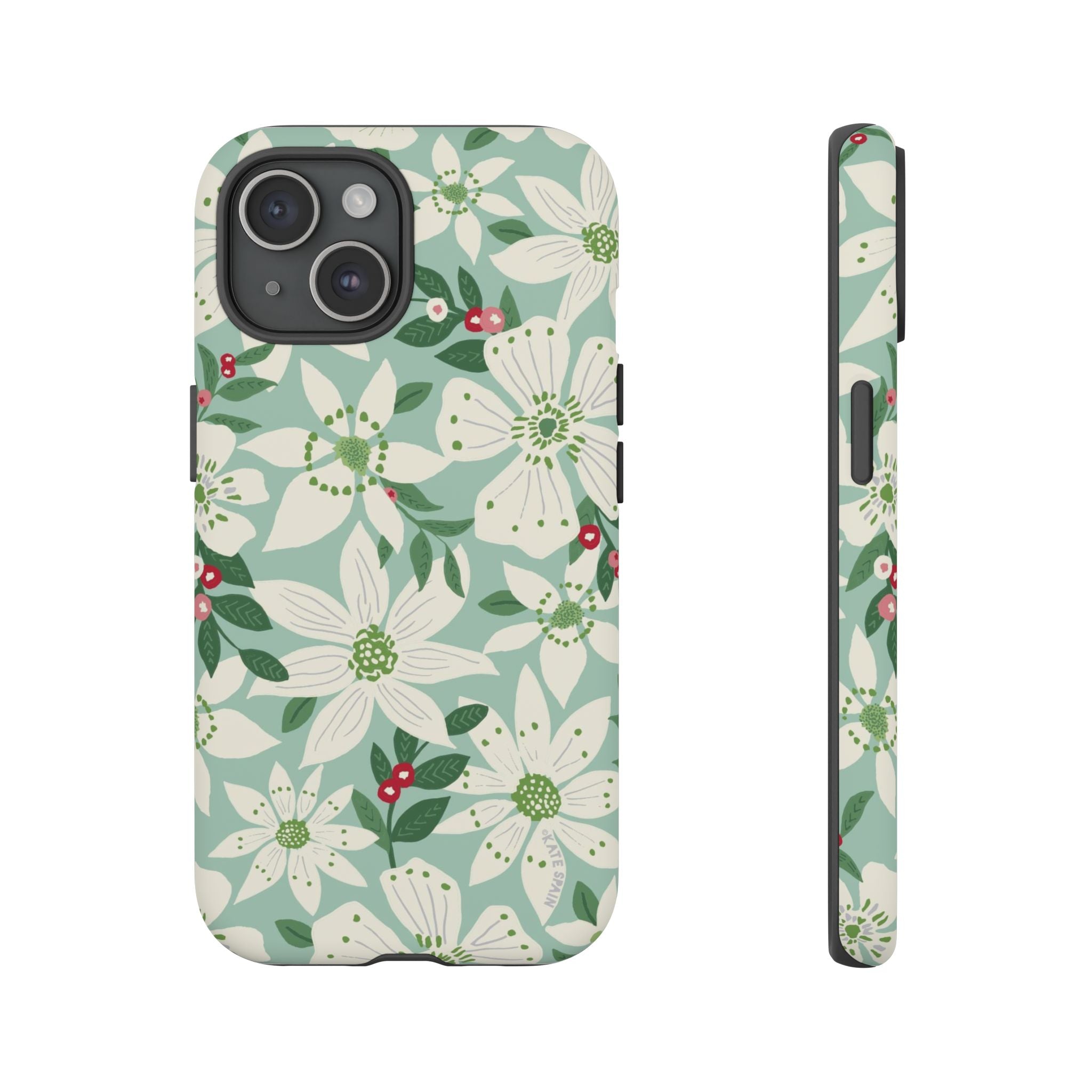 Gardenia Tough iPhone 15 Case – Matte | light blue, white, green, red gardenia botanical print